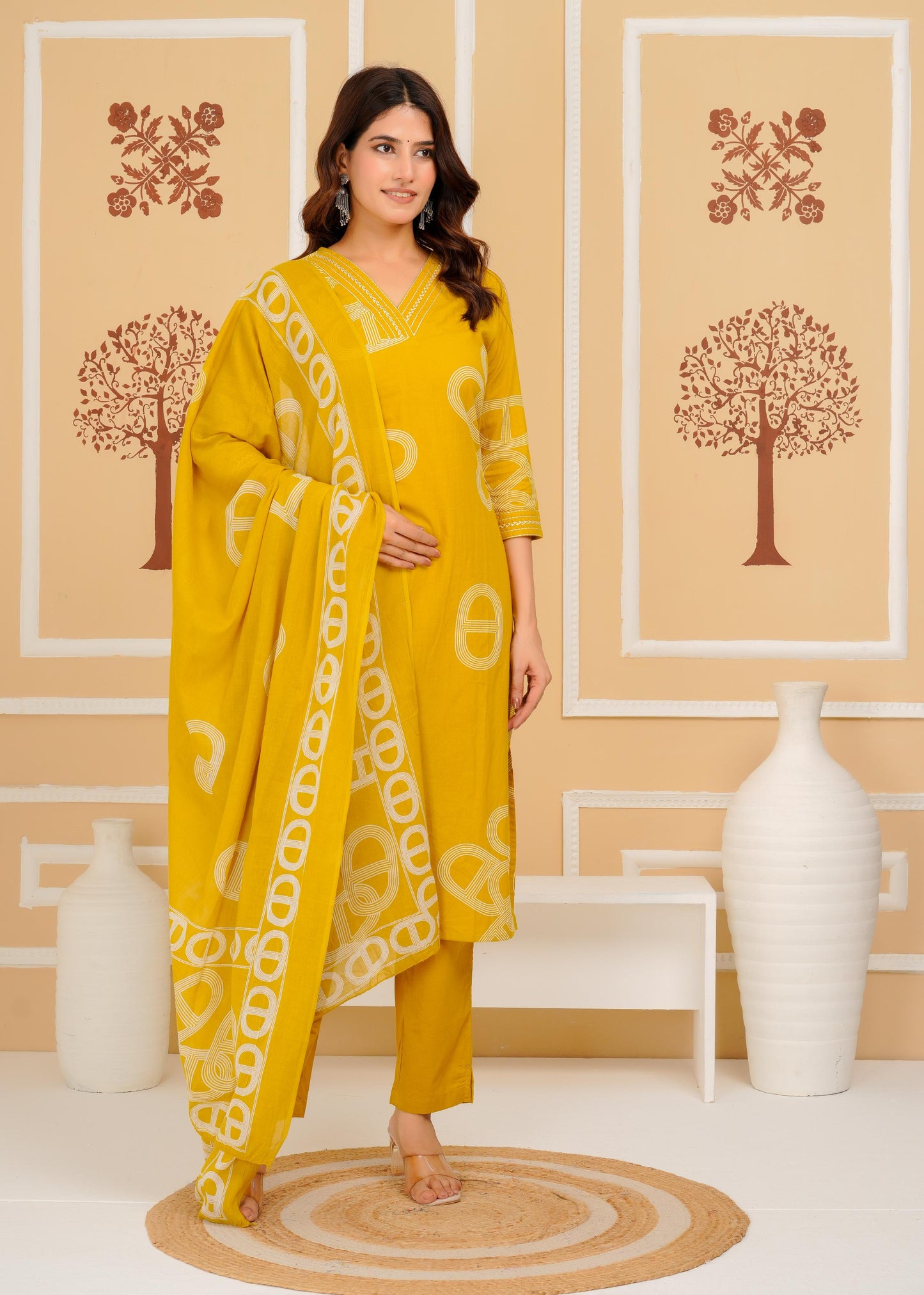 Cotton Printed Straight Mustard Kurta Set With Dupatta