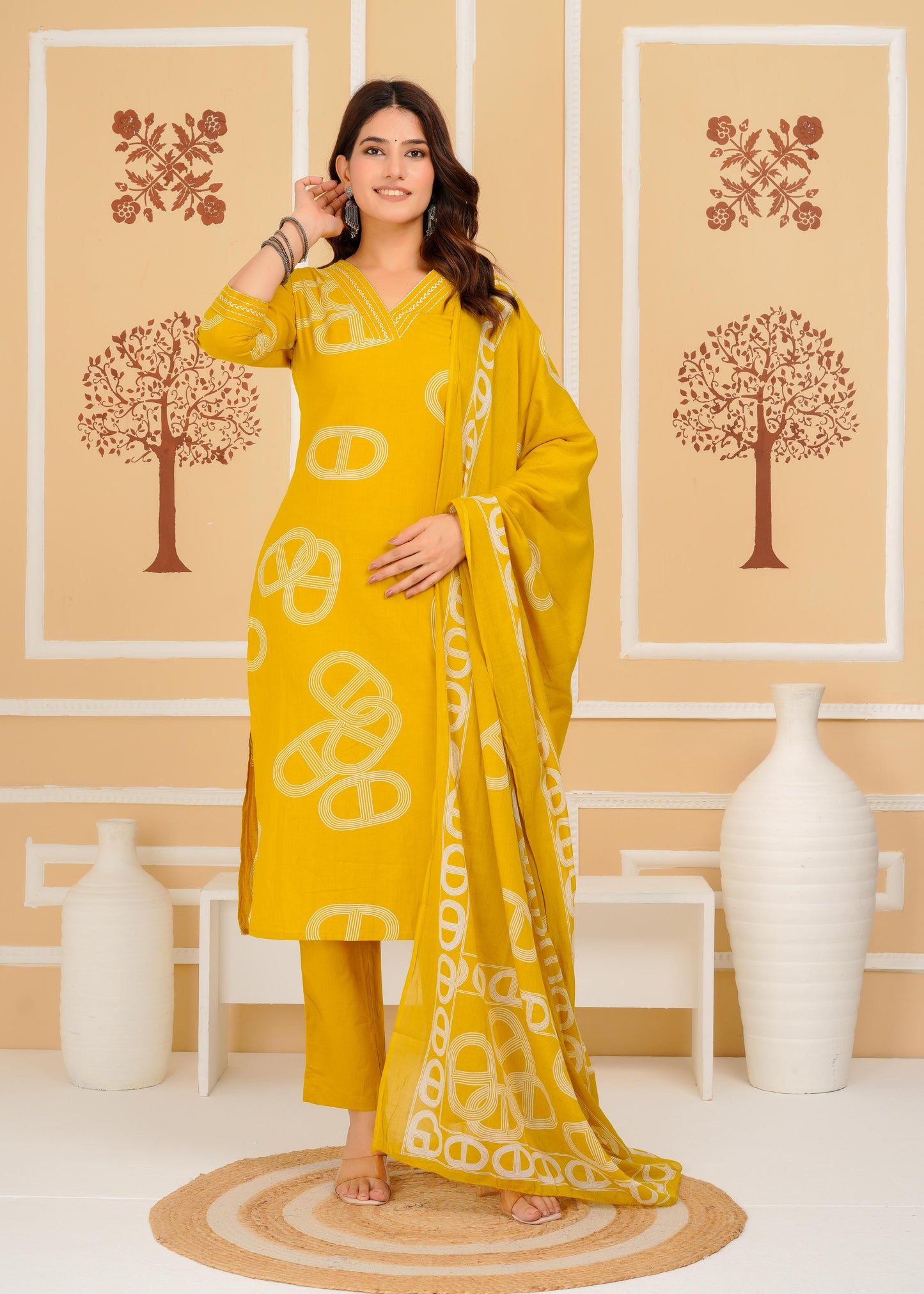 Cotton Printed Straight Mustard Kurta Set With Dupatta