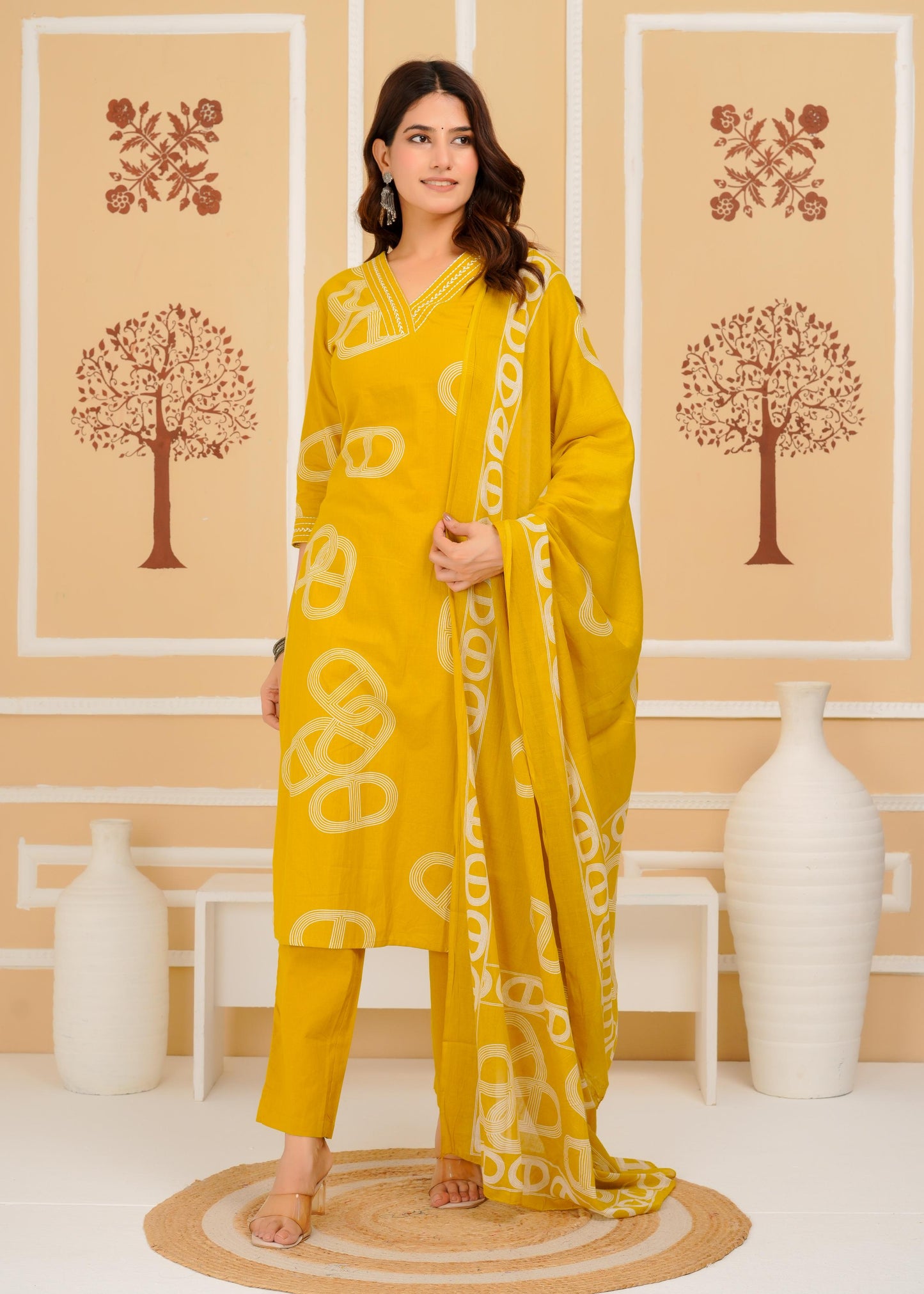 Cotton Printed Straight Mustard Kurta Set With Dupatta