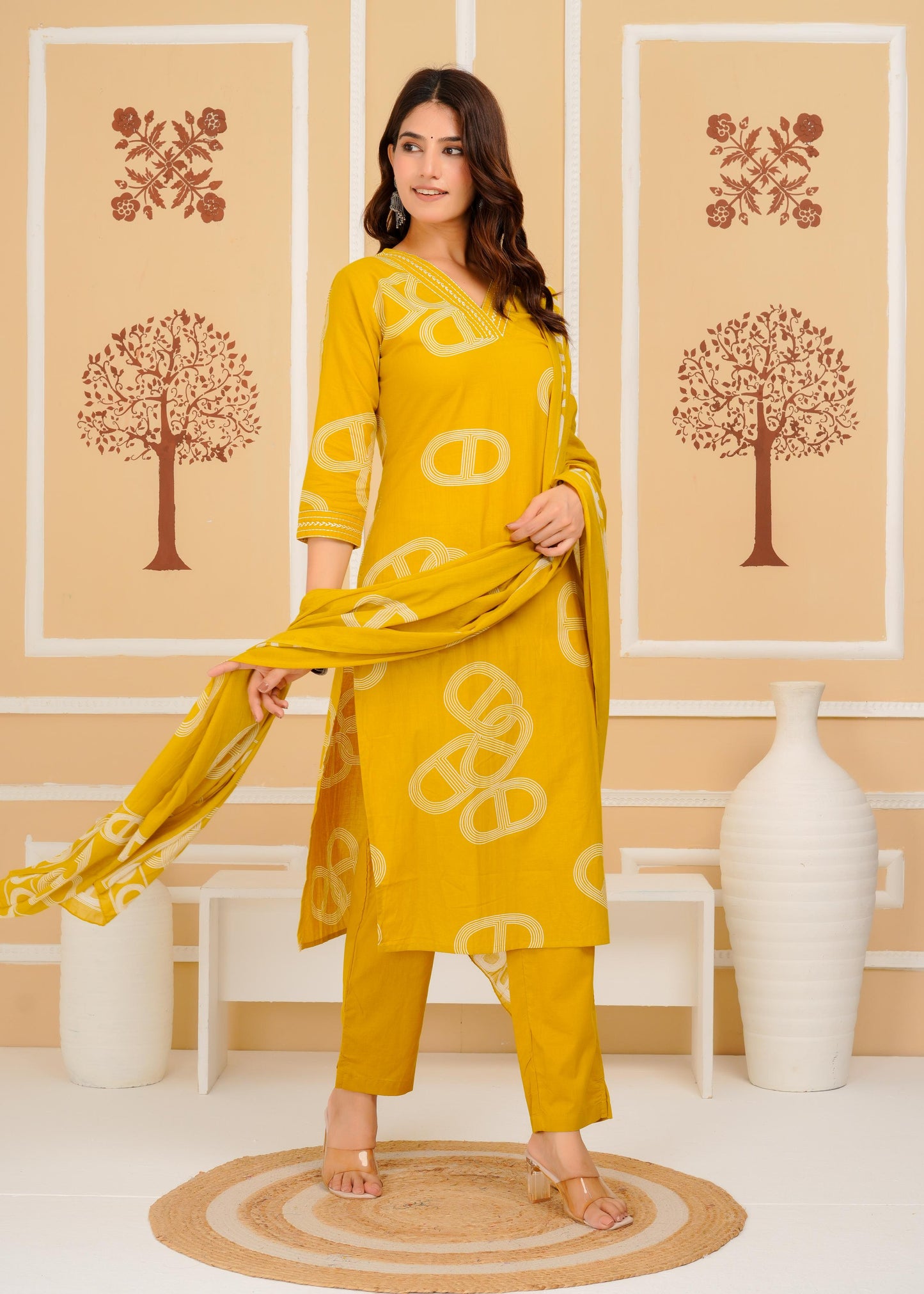 Cotton Printed Straight Mustard Kurta Set With Dupatta