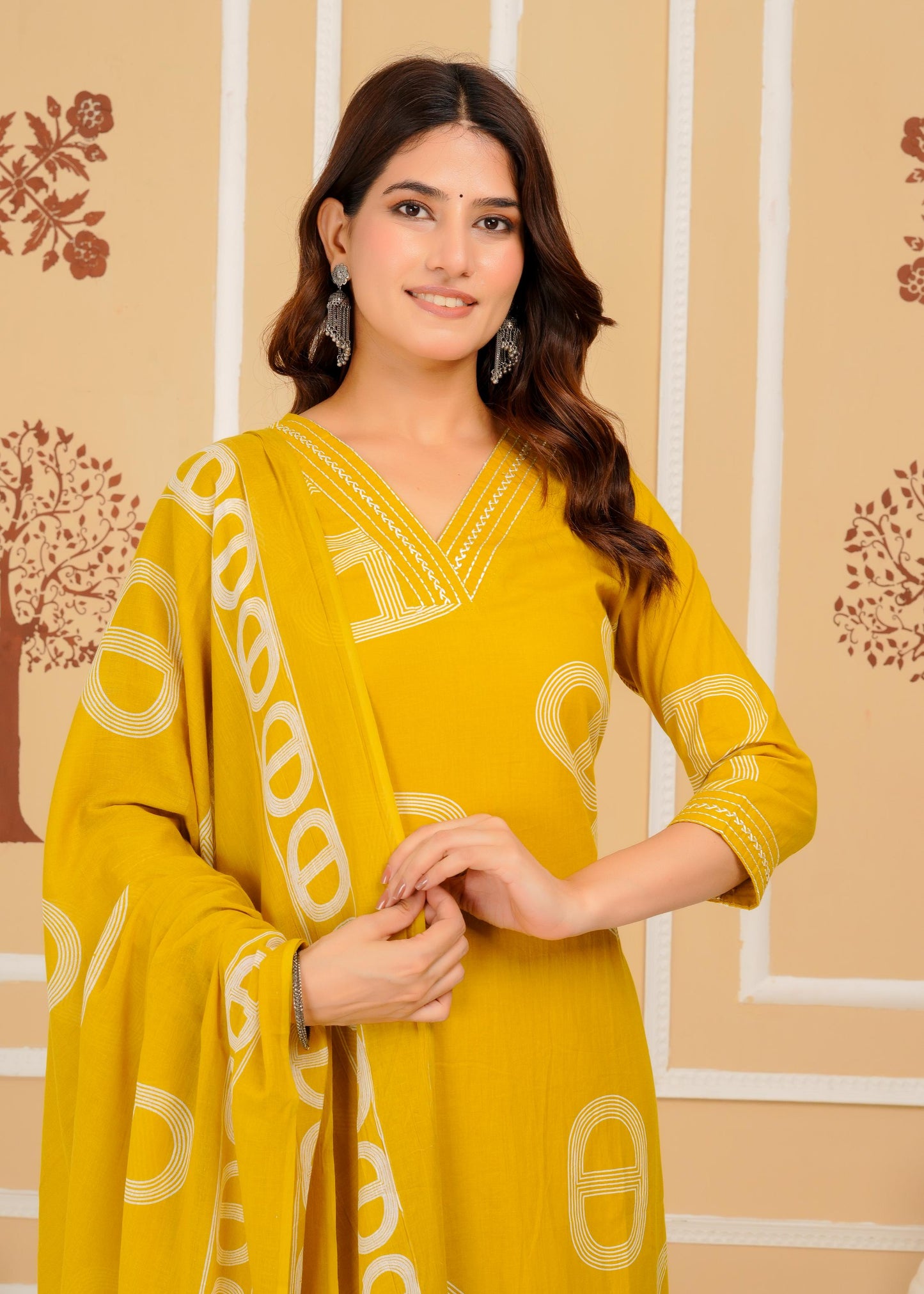 Cotton Printed Straight Mustard Kurta Set With Dupatta