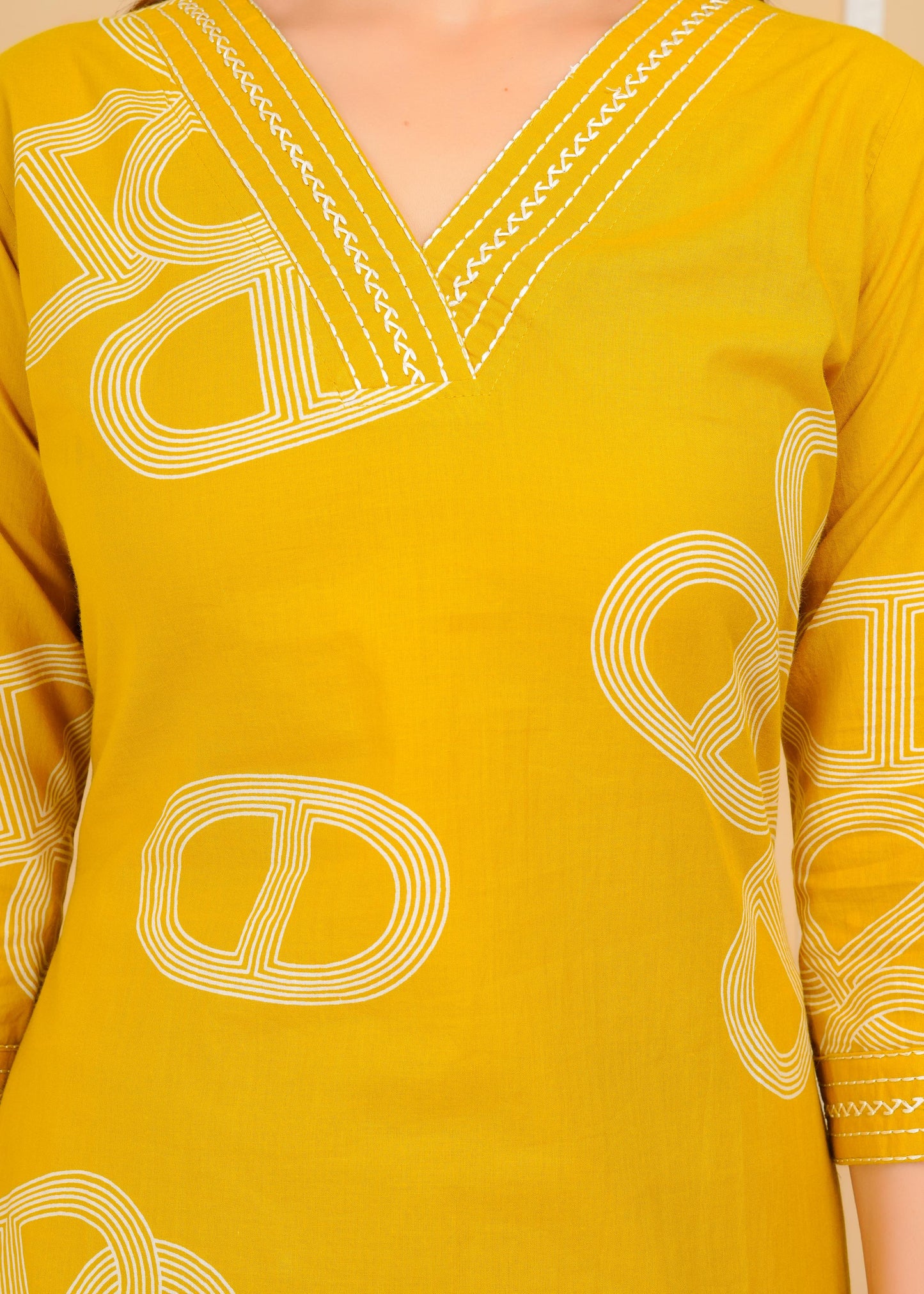 Cotton Printed Straight Mustard Kurta Set With Dupatta