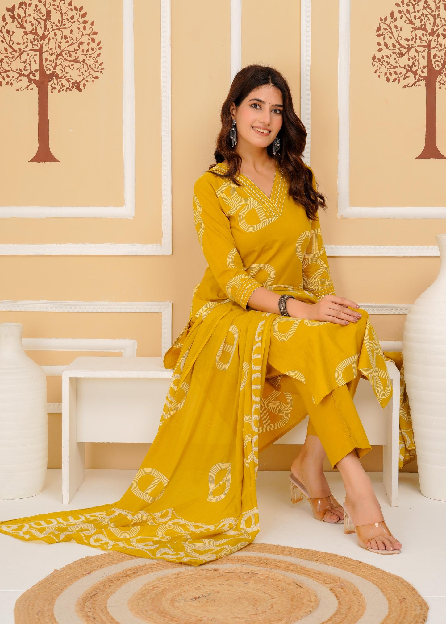 Cotton Printed Straight Mustard Kurta Set With Dupatta