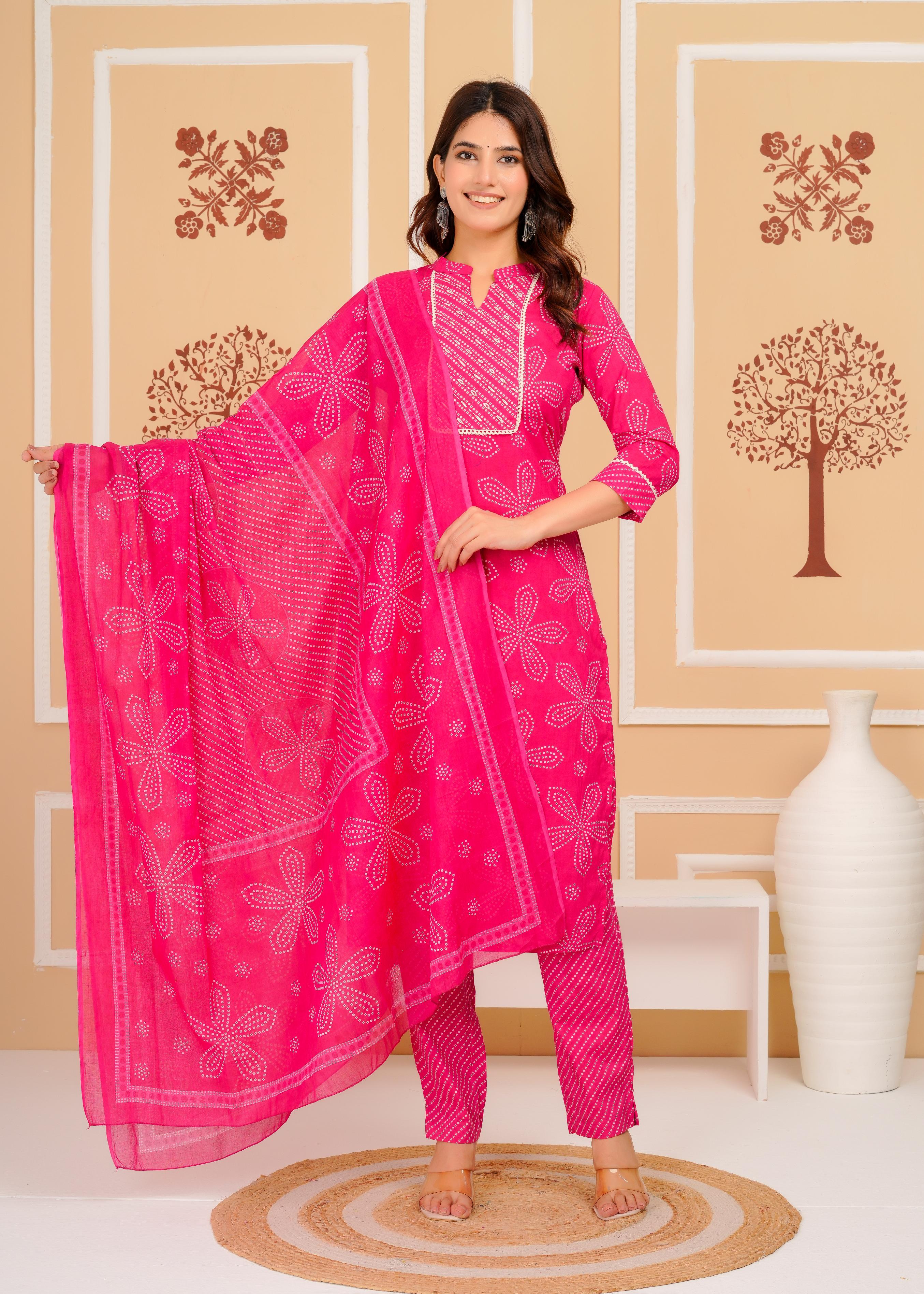 Cotton Printed Straight Pink Kurta Set With Dupatta