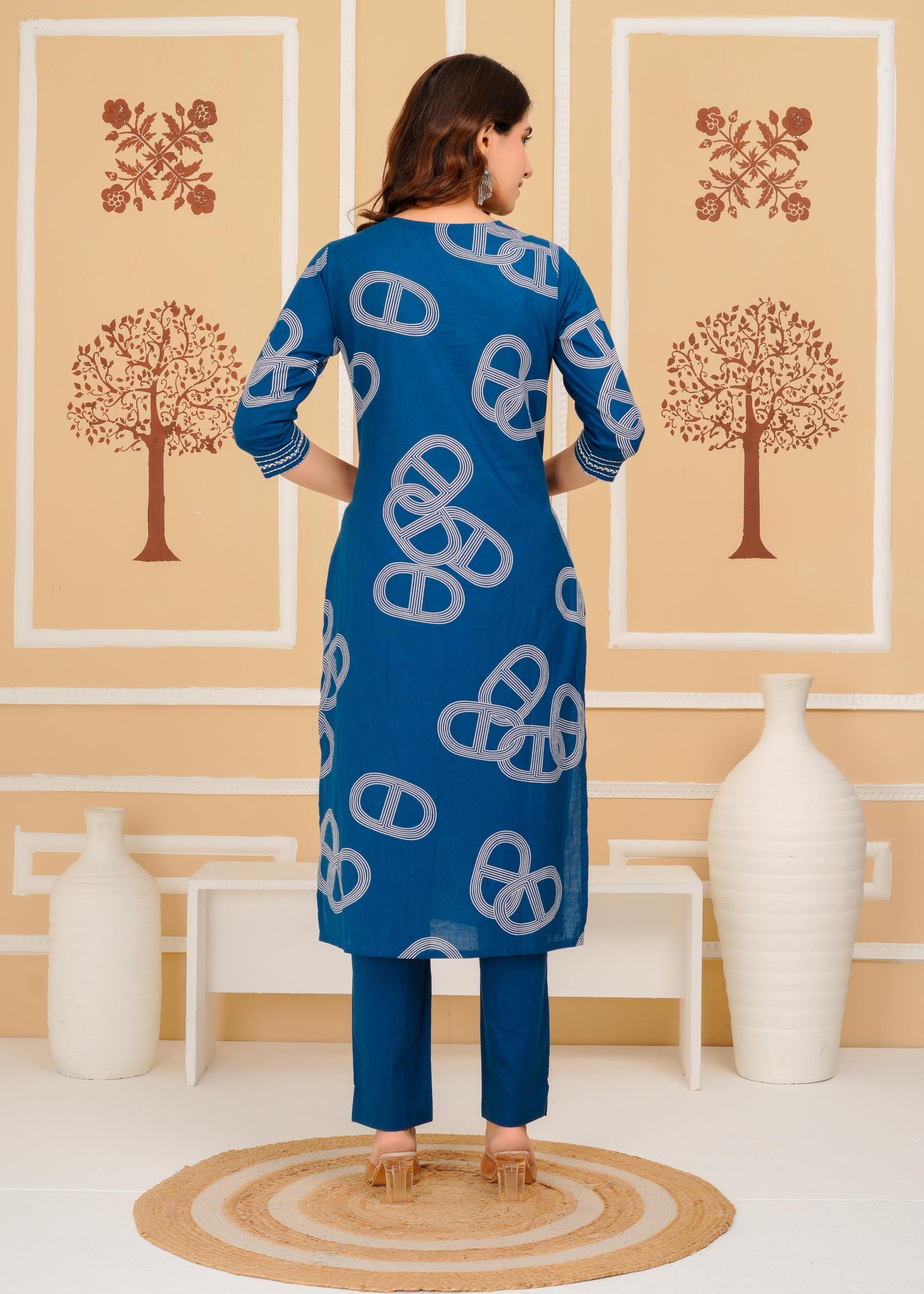 Cotton Printed Straight Blue Kurta Set With Dupatta