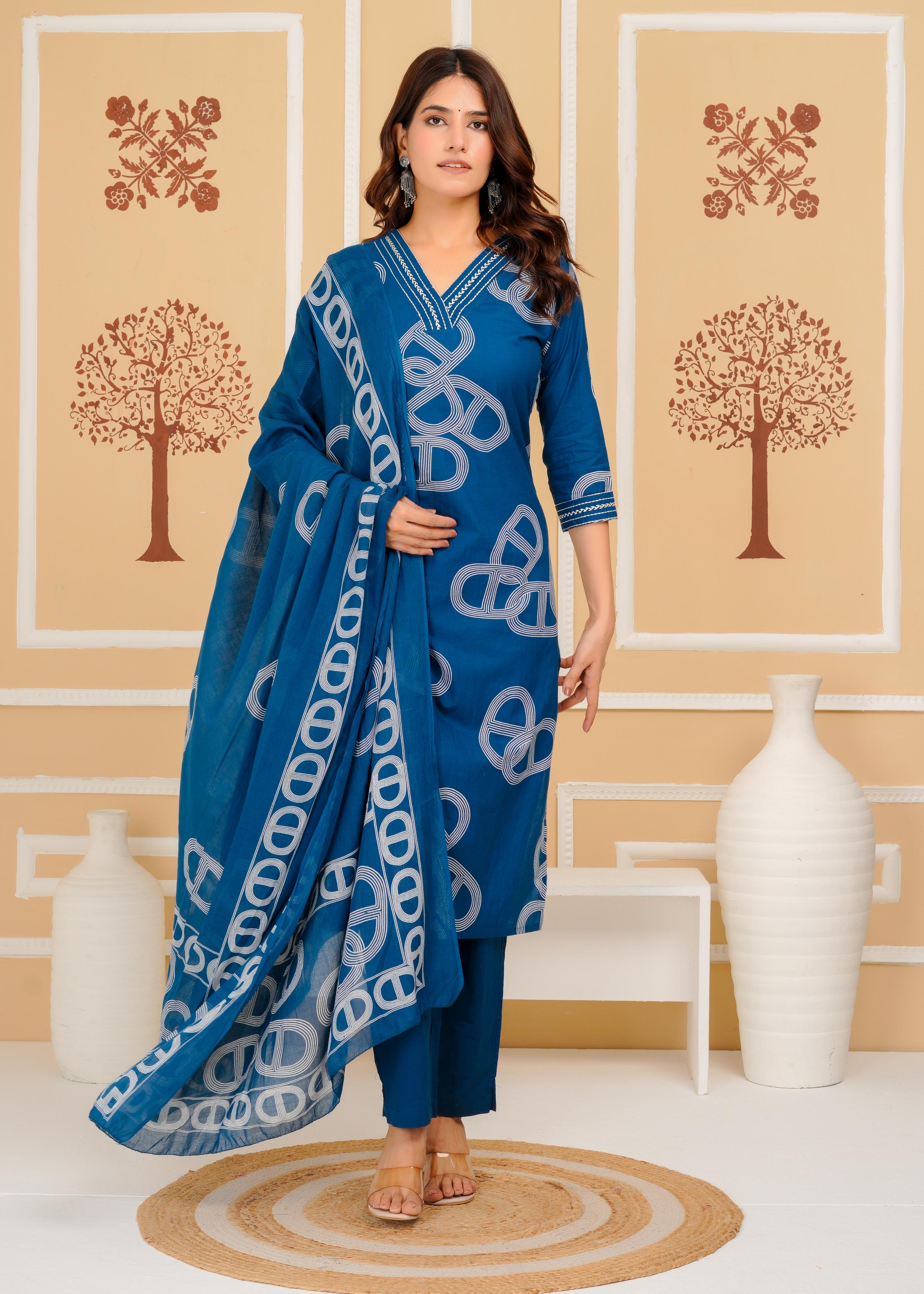 Cotton Printed Straight Blue Kurta Set With Dupatta