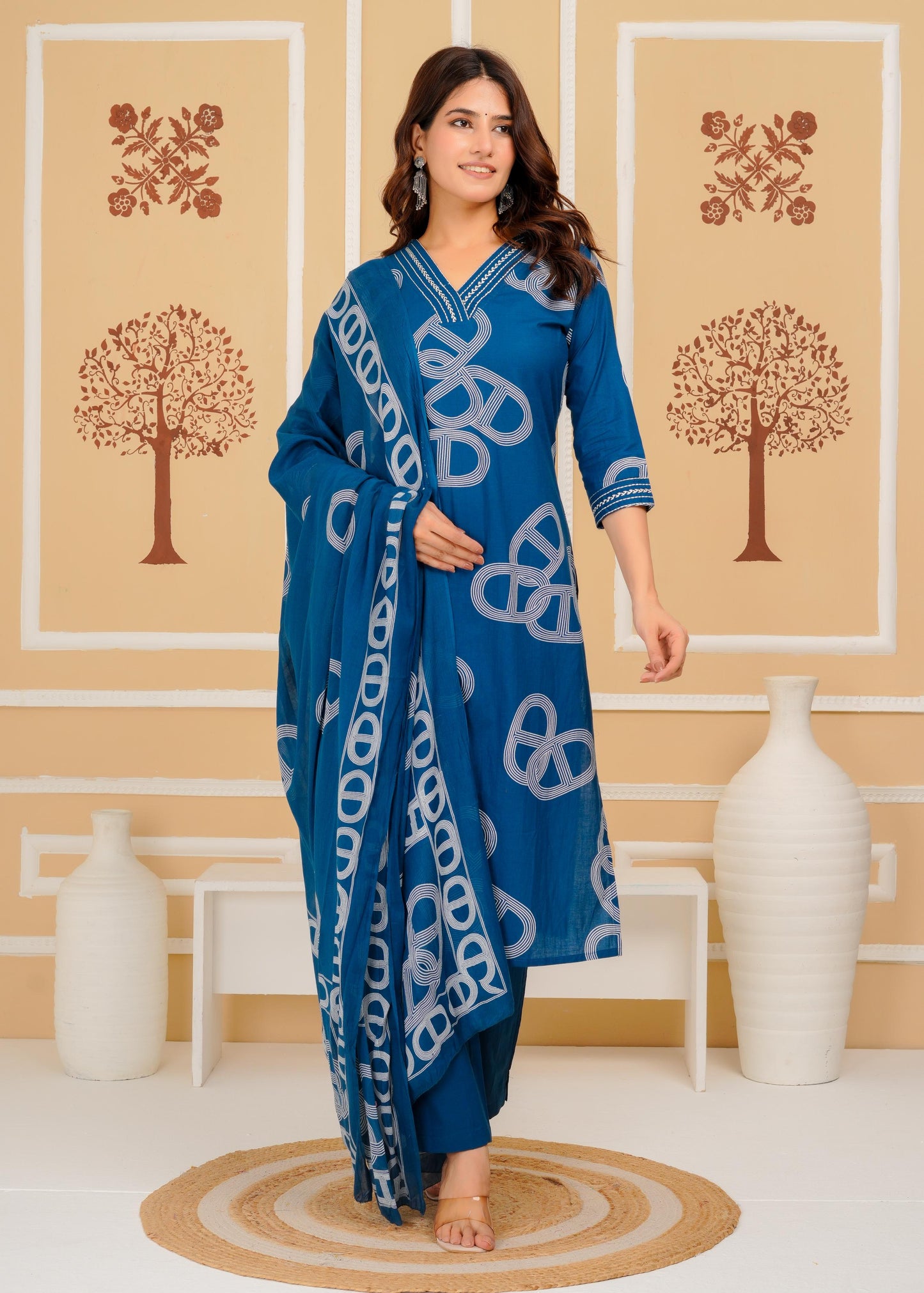 Cotton Printed Straight Blue Kurta Set With Dupatta