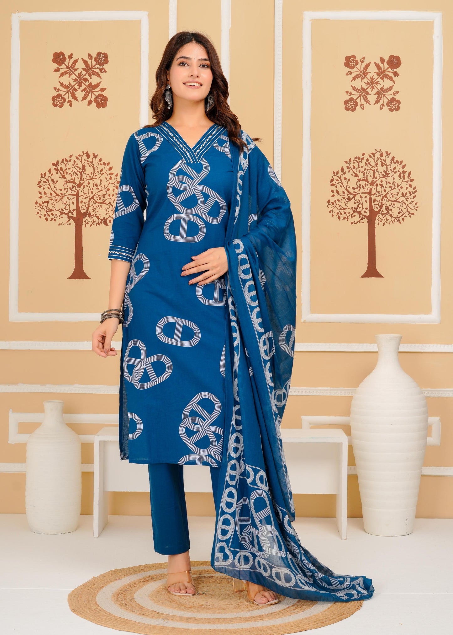 Cotton Printed Straight Blue Kurta Set With Dupatta
