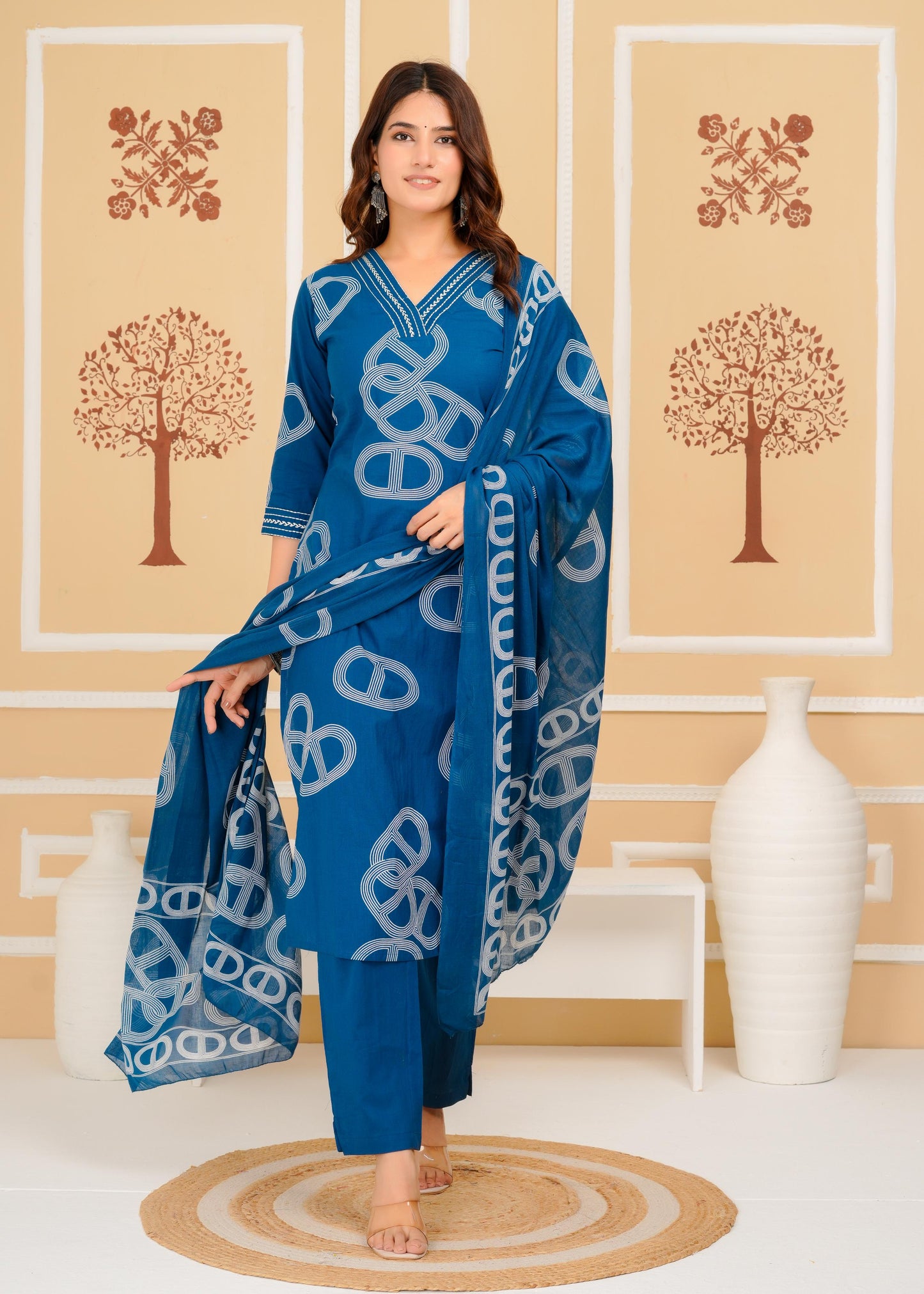 Cotton Printed Straight Blue Kurta Set With Dupatta