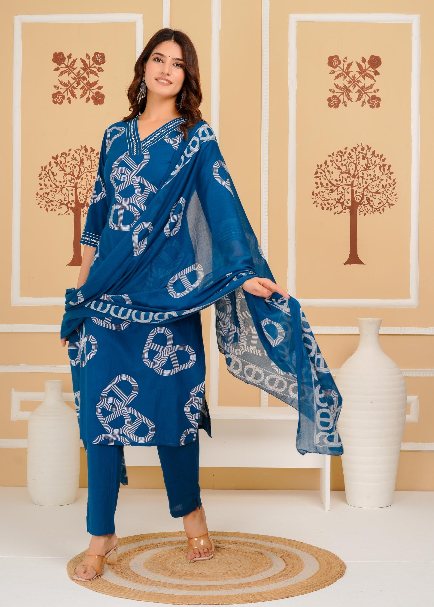 Cotton Printed Straight Blue Kurta Set With Dupatta
