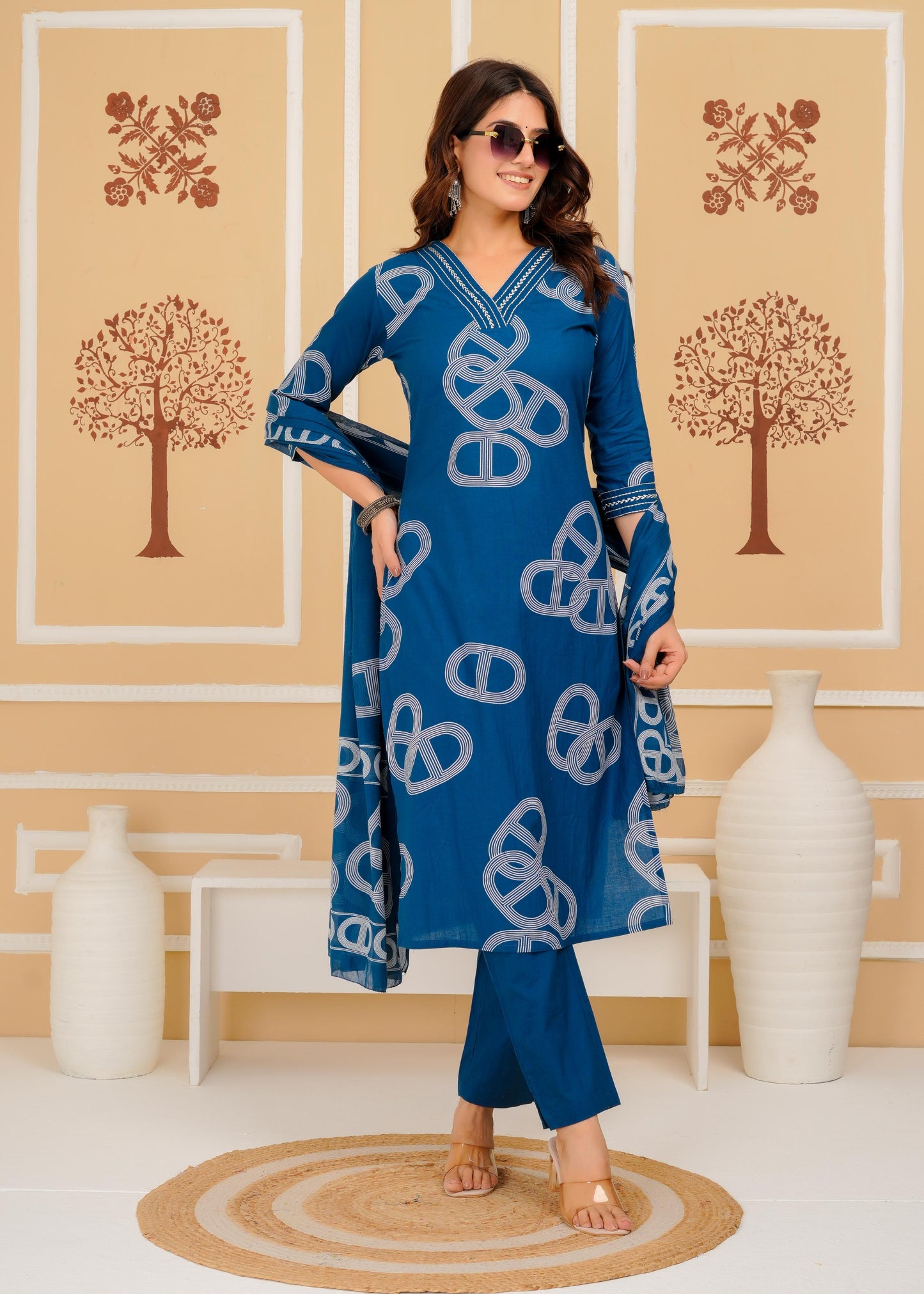 Cotton Printed Straight Blue Kurta Set With Dupatta