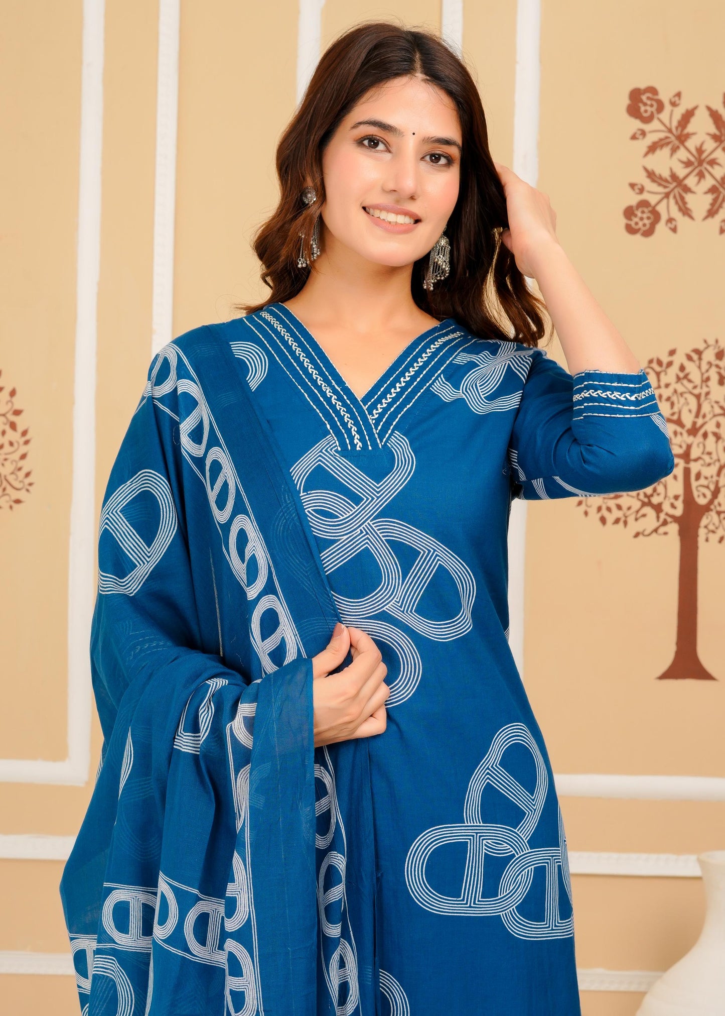 Cotton Printed Straight Blue Kurta Set With Dupatta