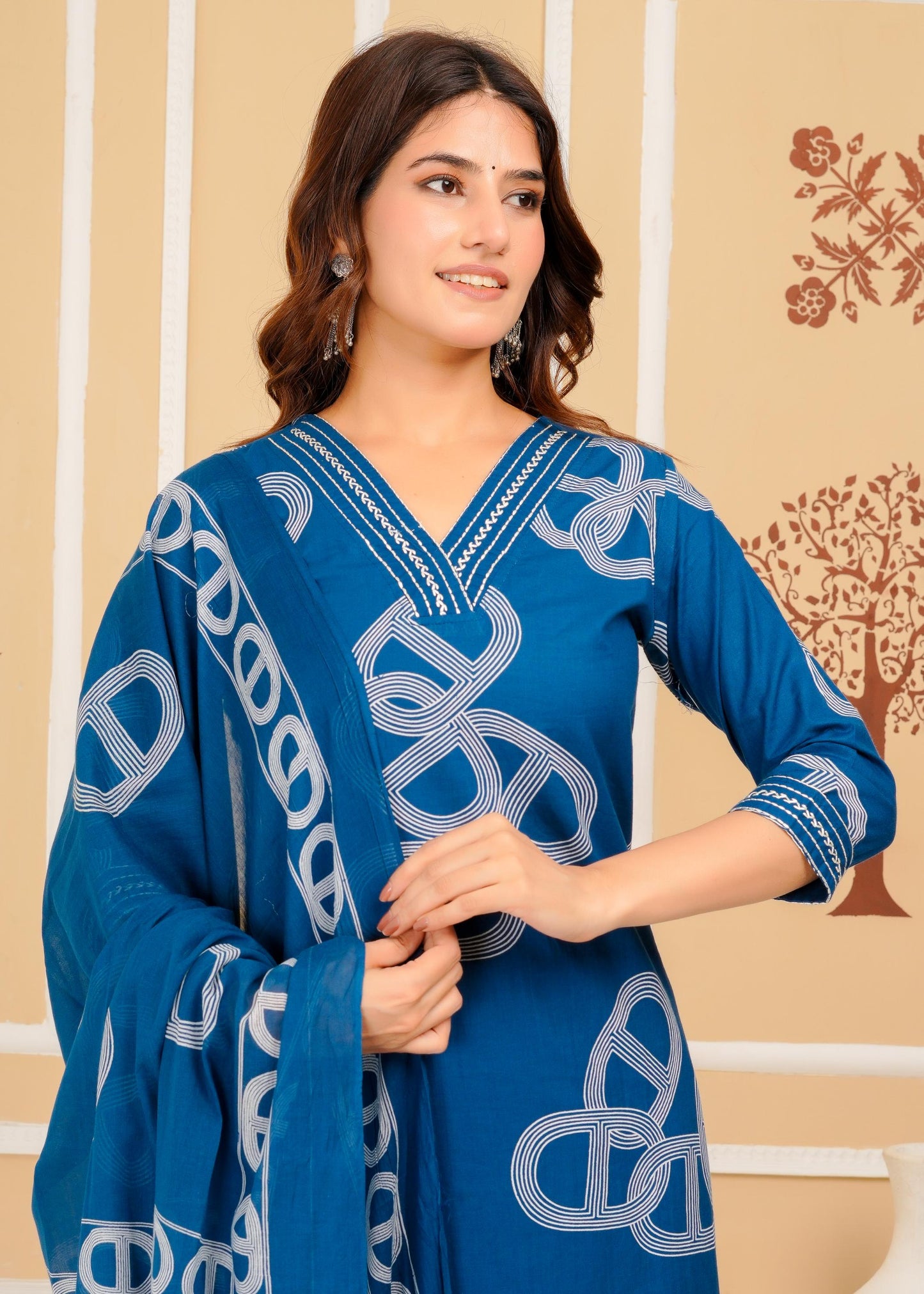 Cotton Printed Straight Blue Kurta Set With Dupatta