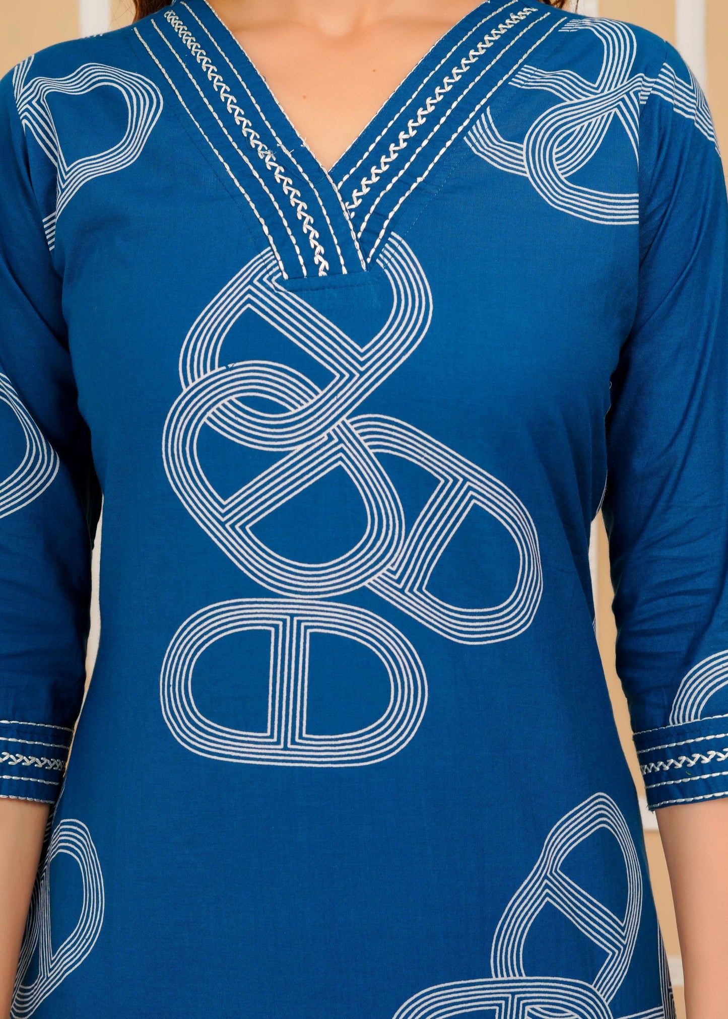 Cotton Printed Straight Blue Kurta Set With Dupatta