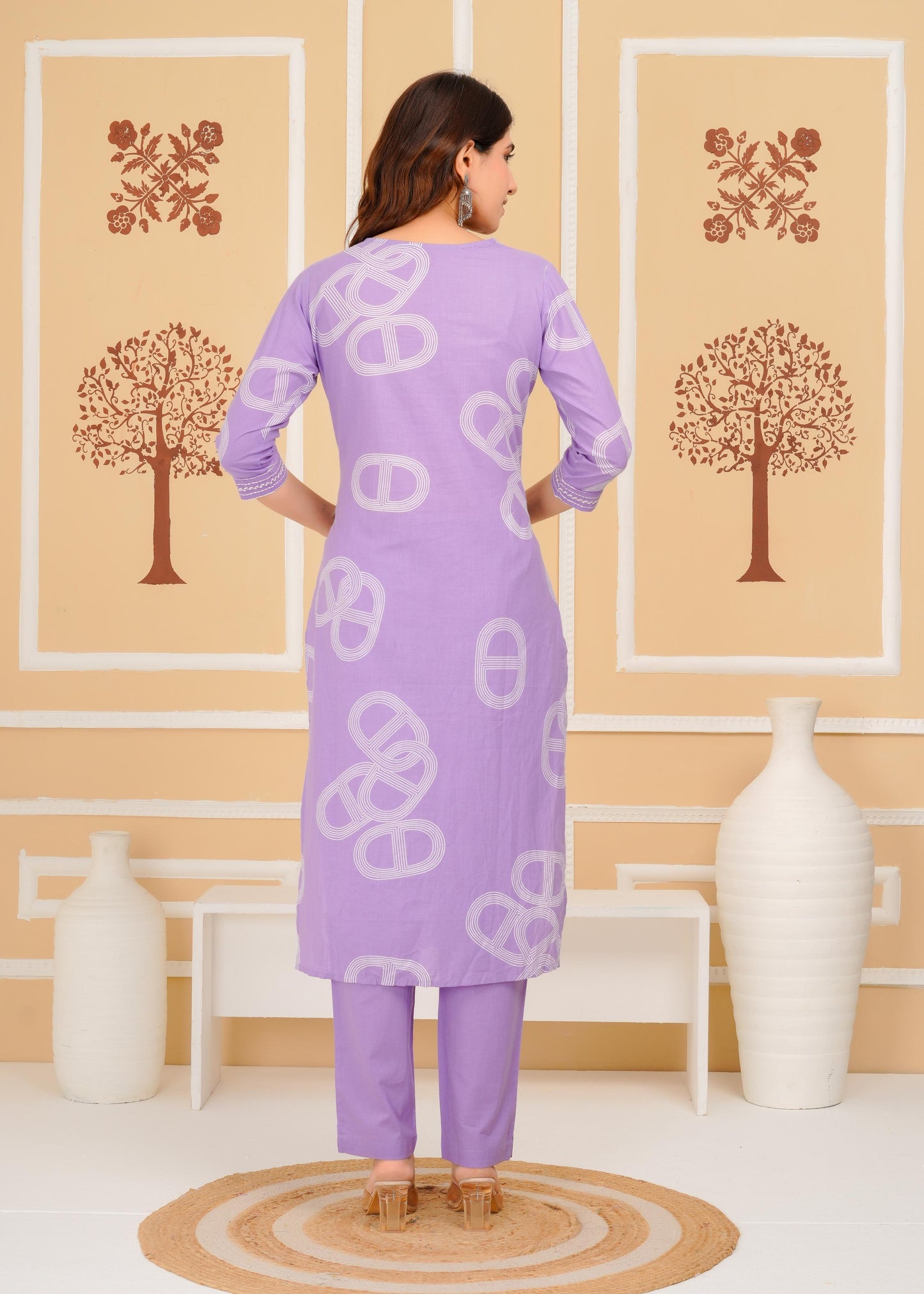 Cotton Printed Straight Purple Kurta Set With Dupatta