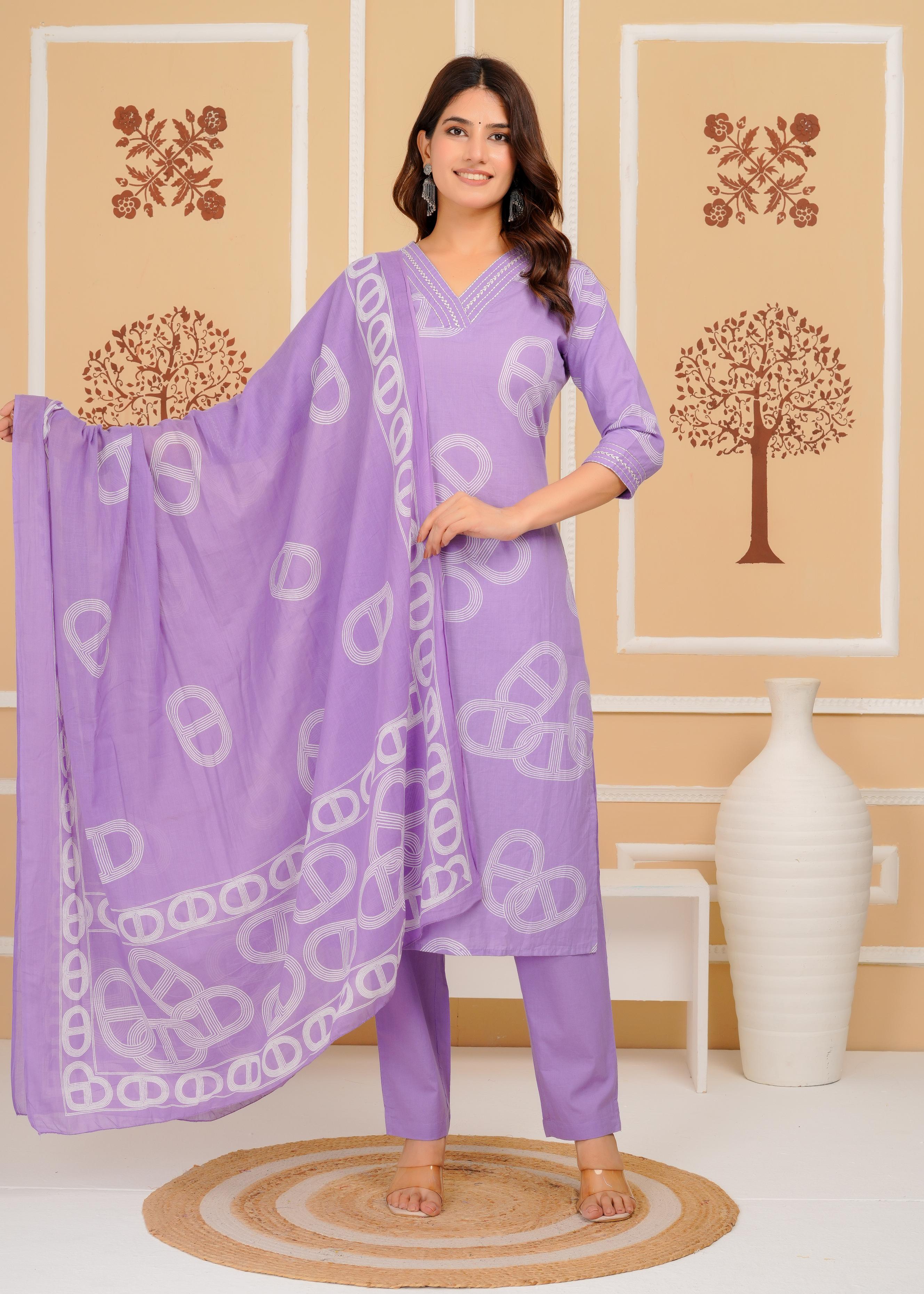 Cotton Printed Straight Purple Kurta Set With Dupatta