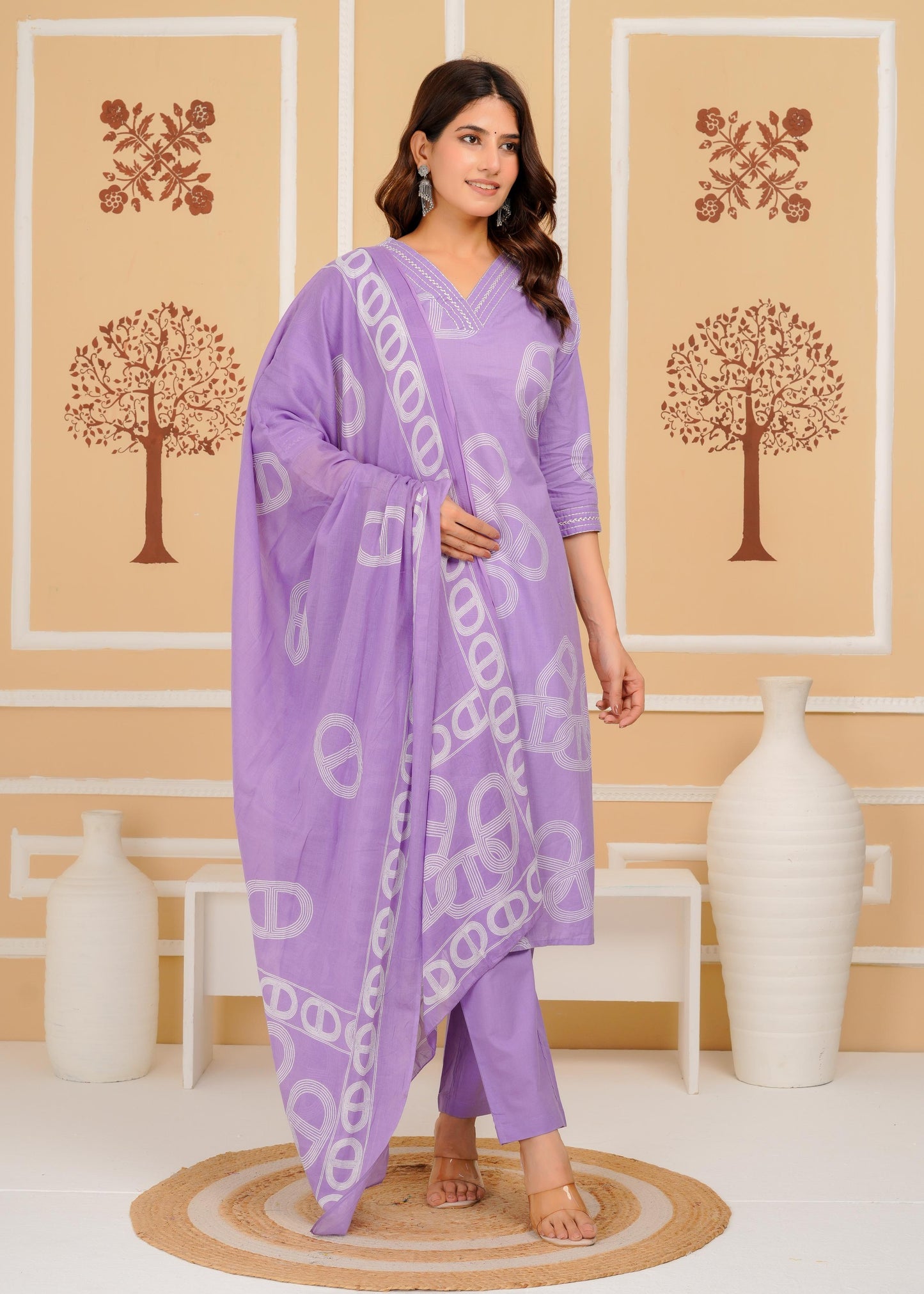 Cotton Printed Straight Purple Kurta Set With Dupatta