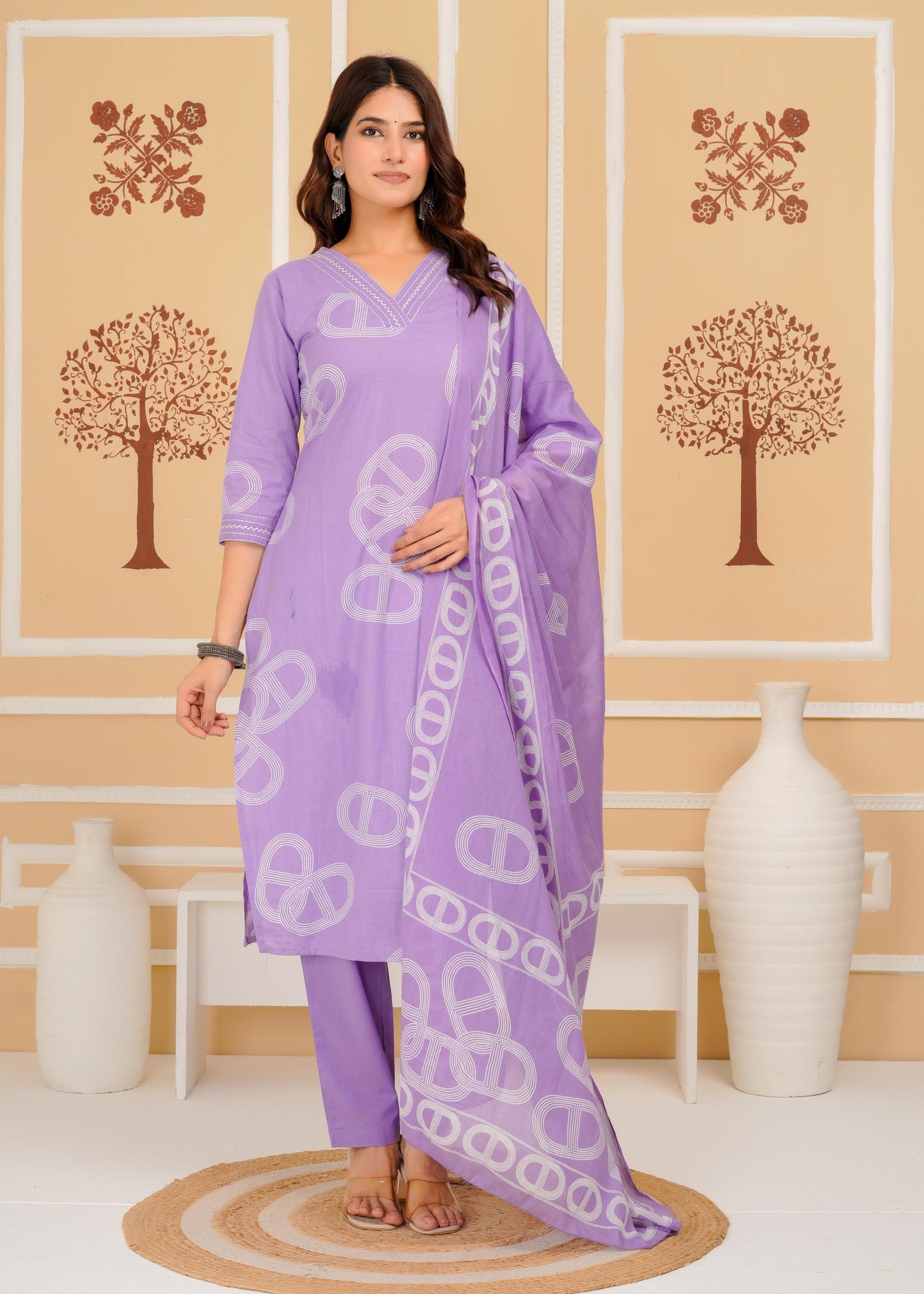 Cotton Printed Straight Purple Kurta Set With Dupatta