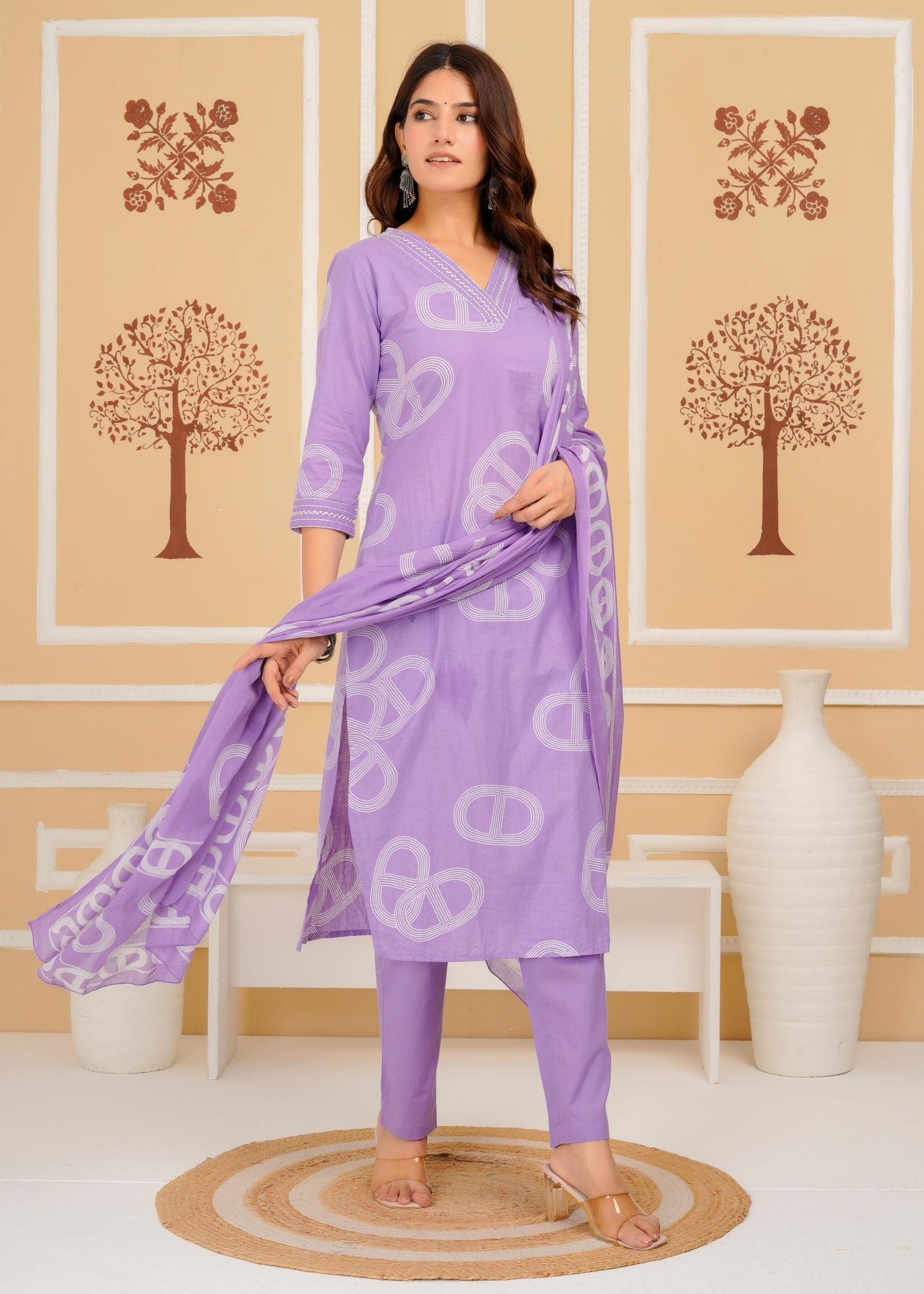 Cotton Printed Straight Purple Kurta Set With Dupatta