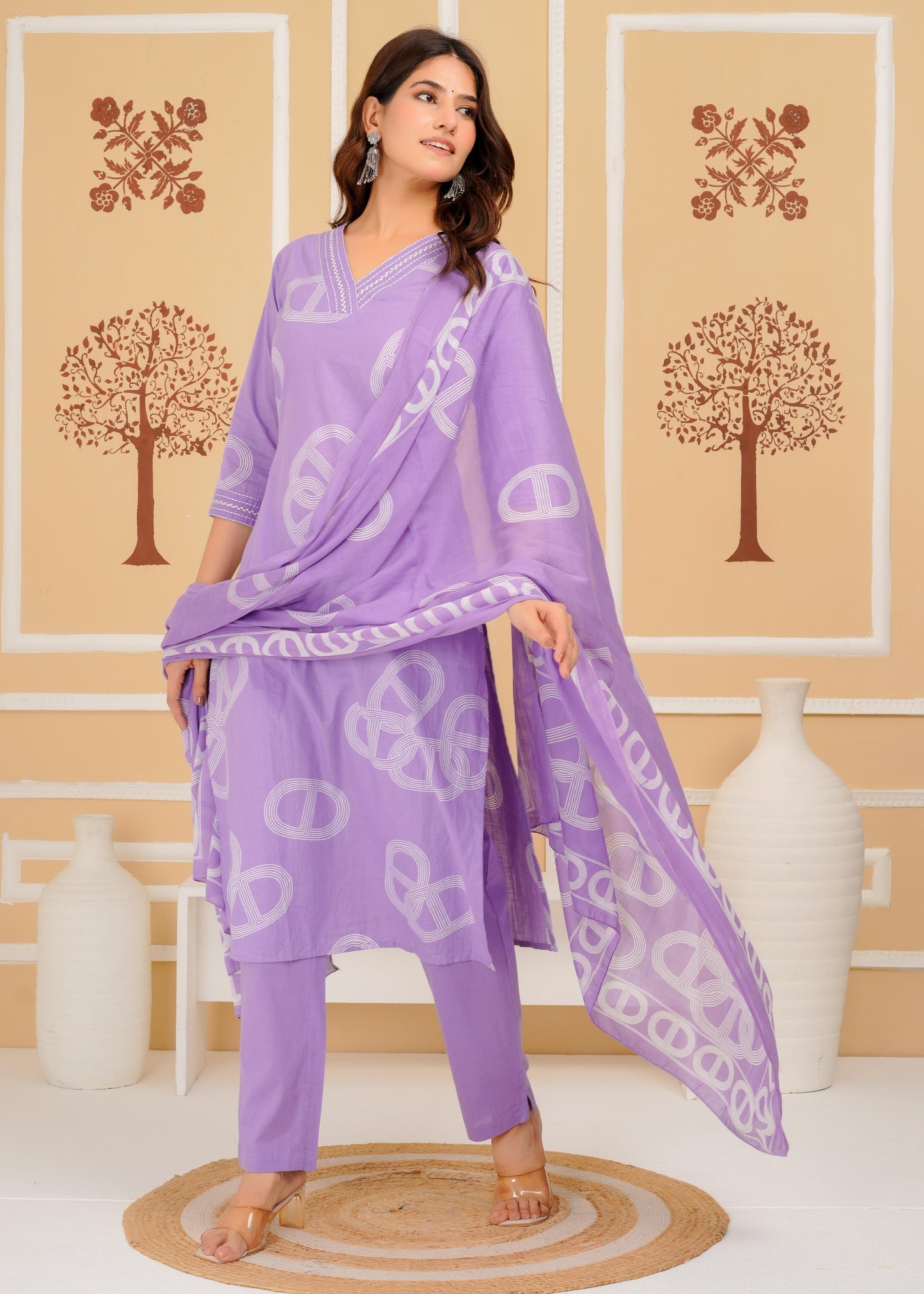 Cotton Printed Straight Purple Kurta Set With Dupatta