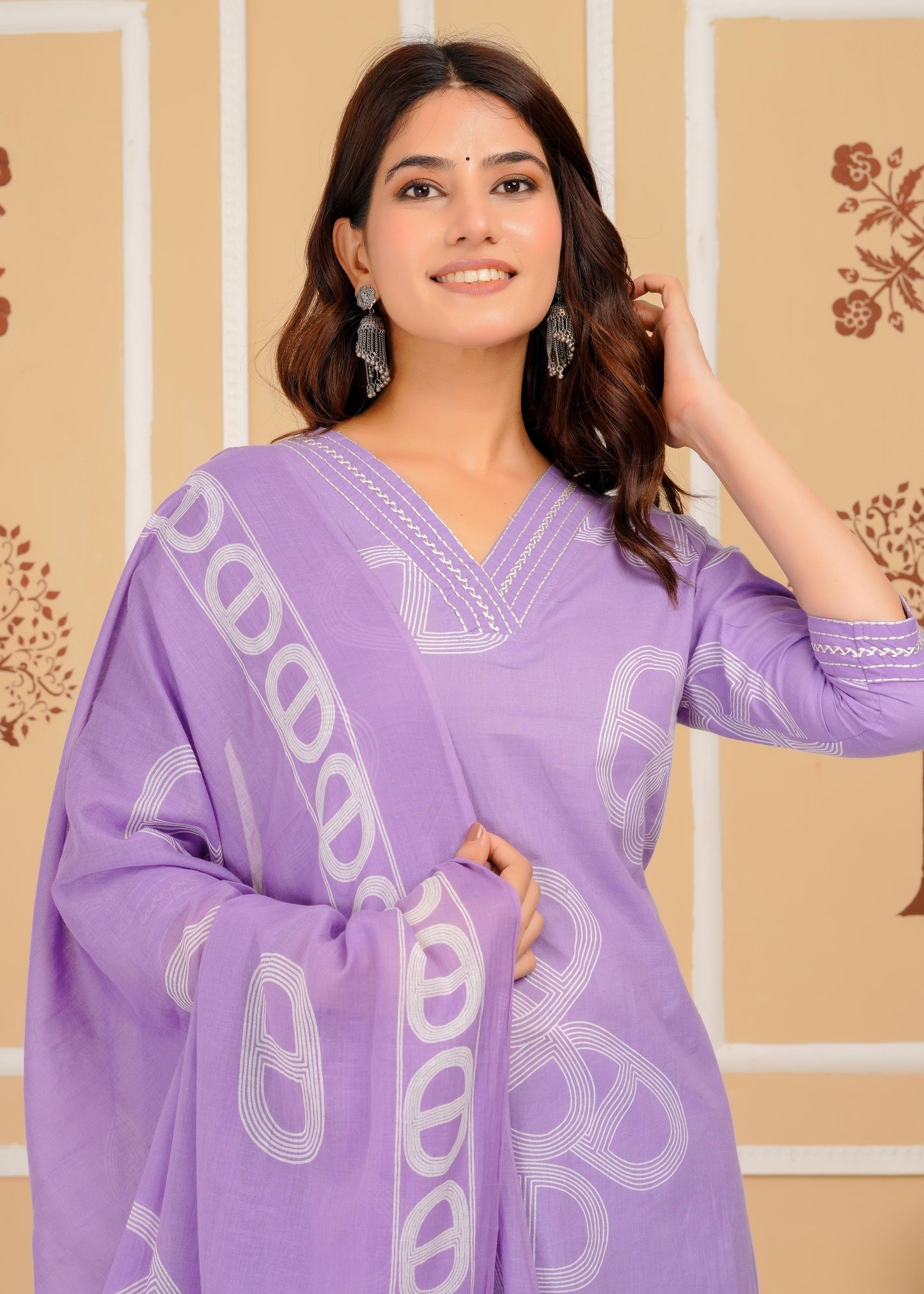 Cotton Printed Straight Purple Kurta Set With Dupatta