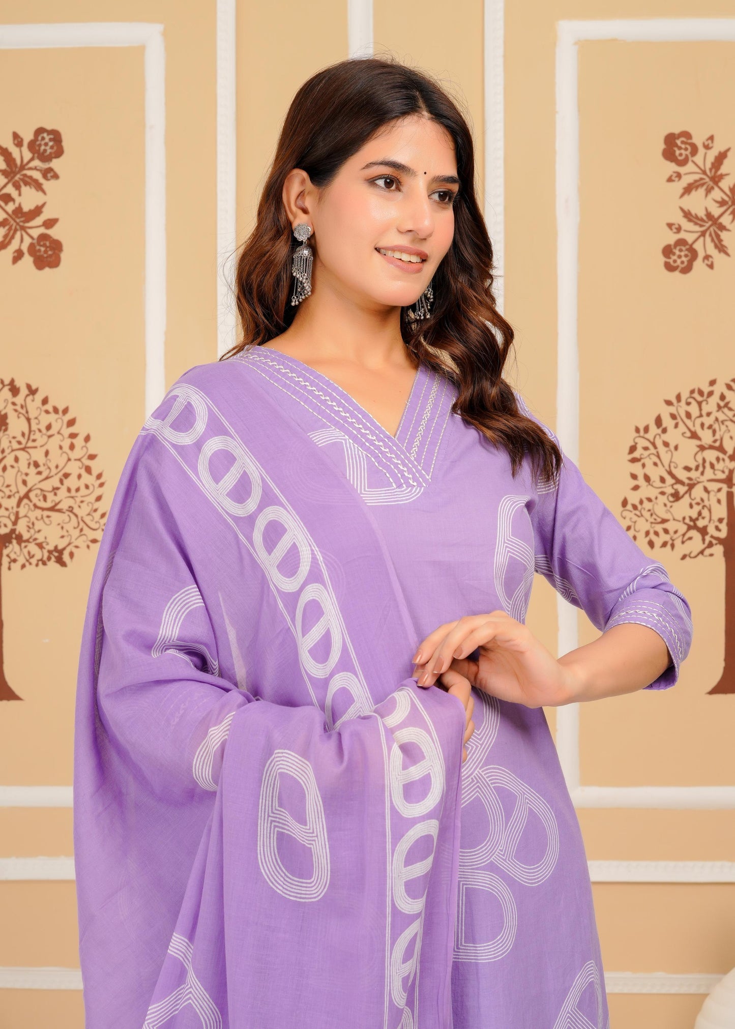 Cotton Printed Straight Purple Kurta Set With Dupatta