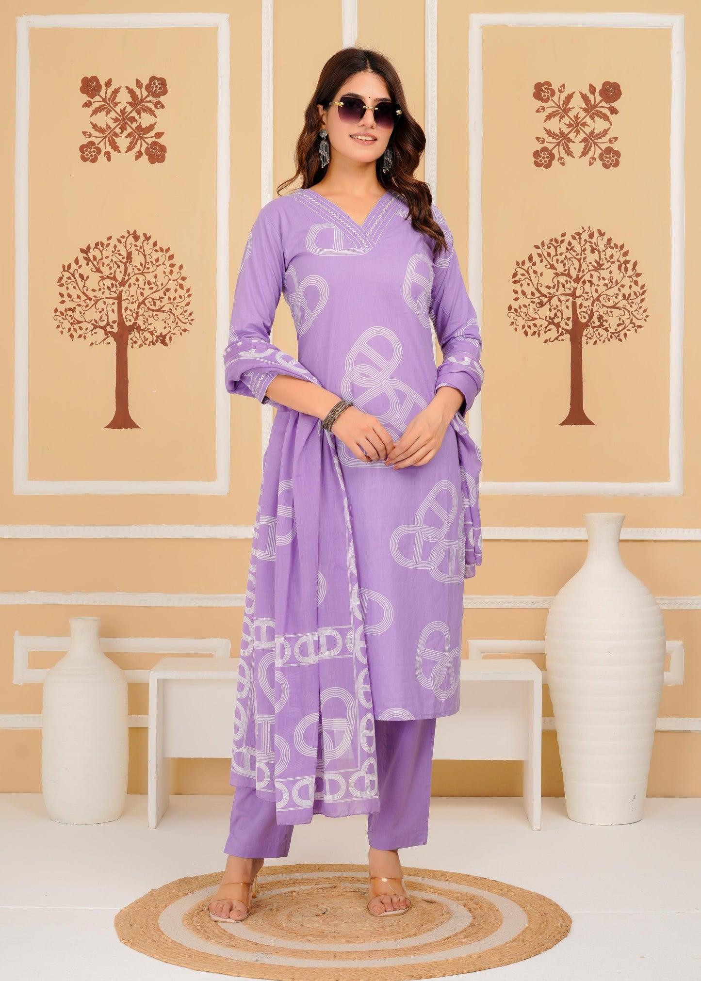 Cotton Printed Straight Purple Kurta Set With Dupatta