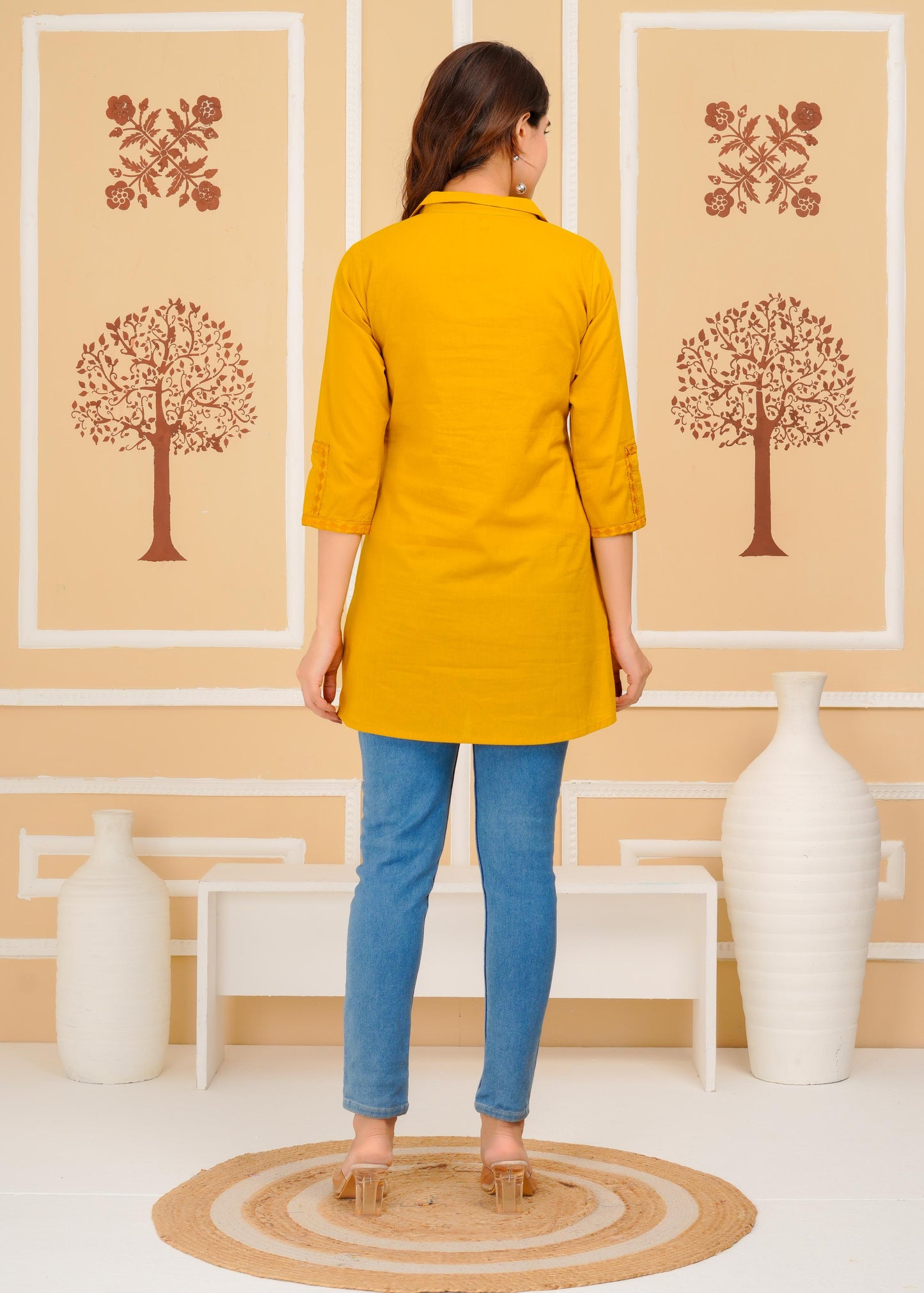 Cotton Embroidered Regular Mustard Top