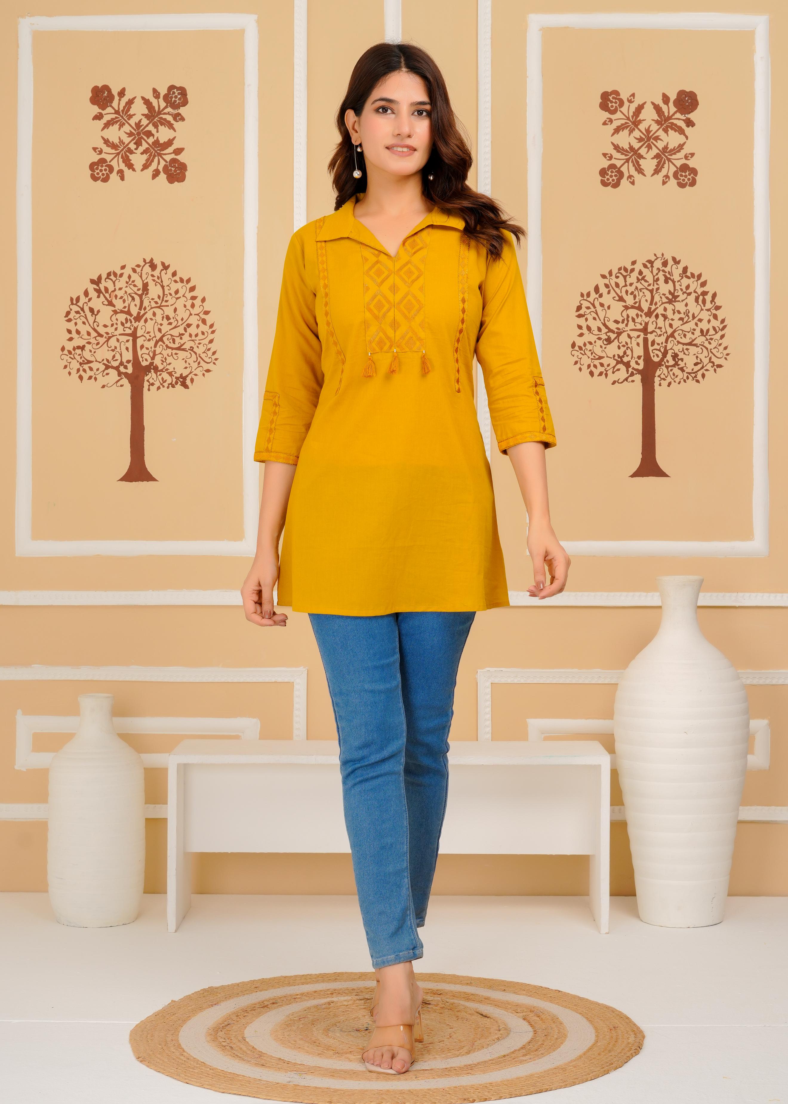 Cotton Embroidered Regular Mustard Top