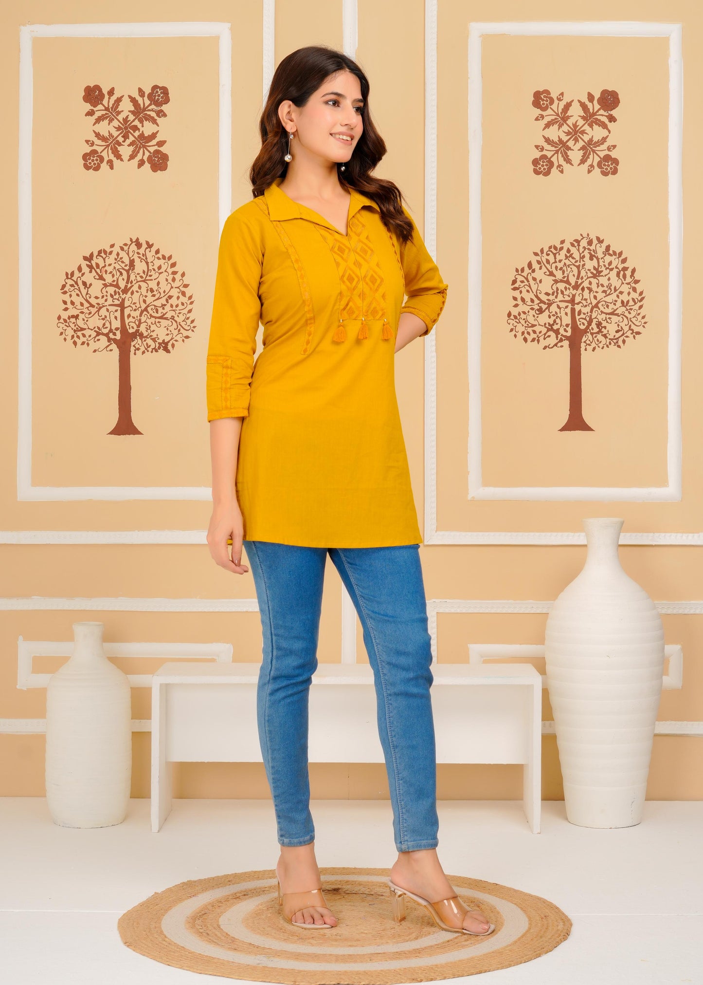 Cotton Embroidered Regular Mustard Top