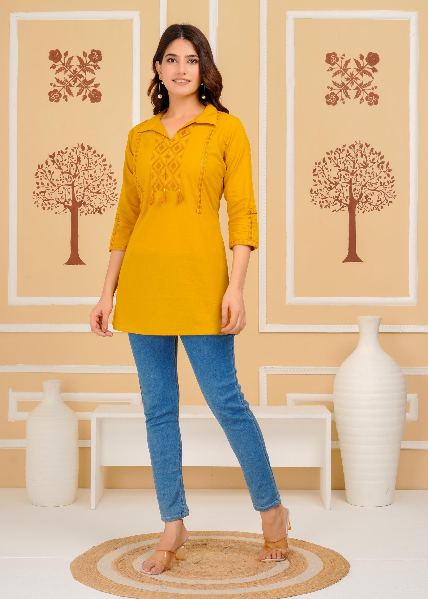 Cotton Embroidered Regular Mustard Top