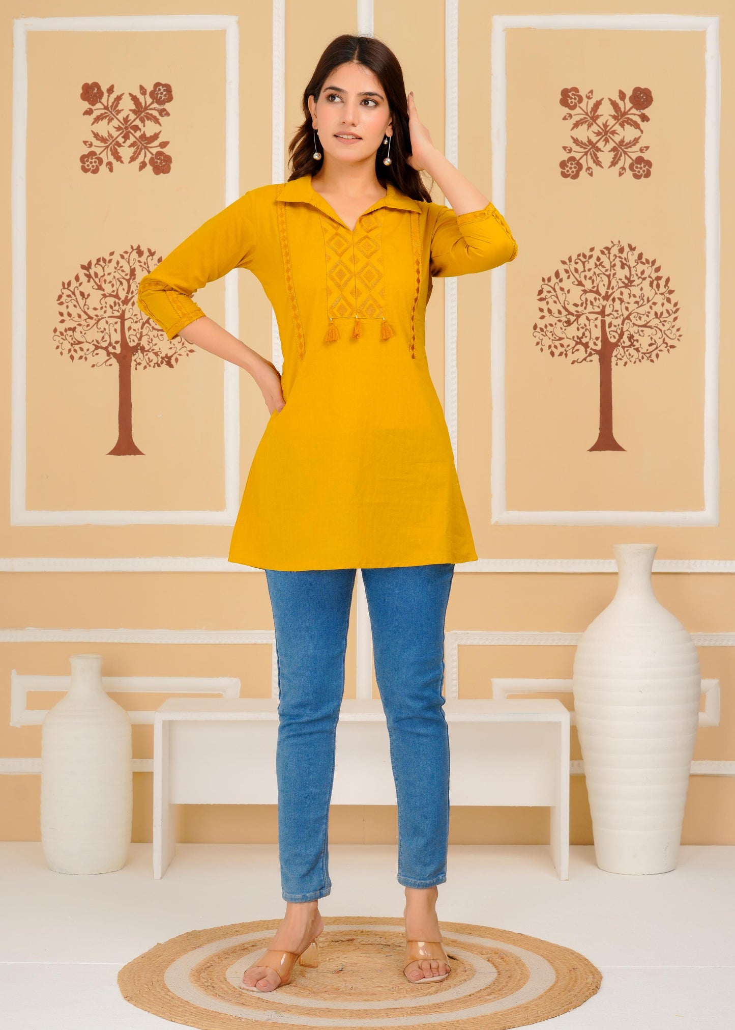 Cotton Embroidered Regular Mustard Top