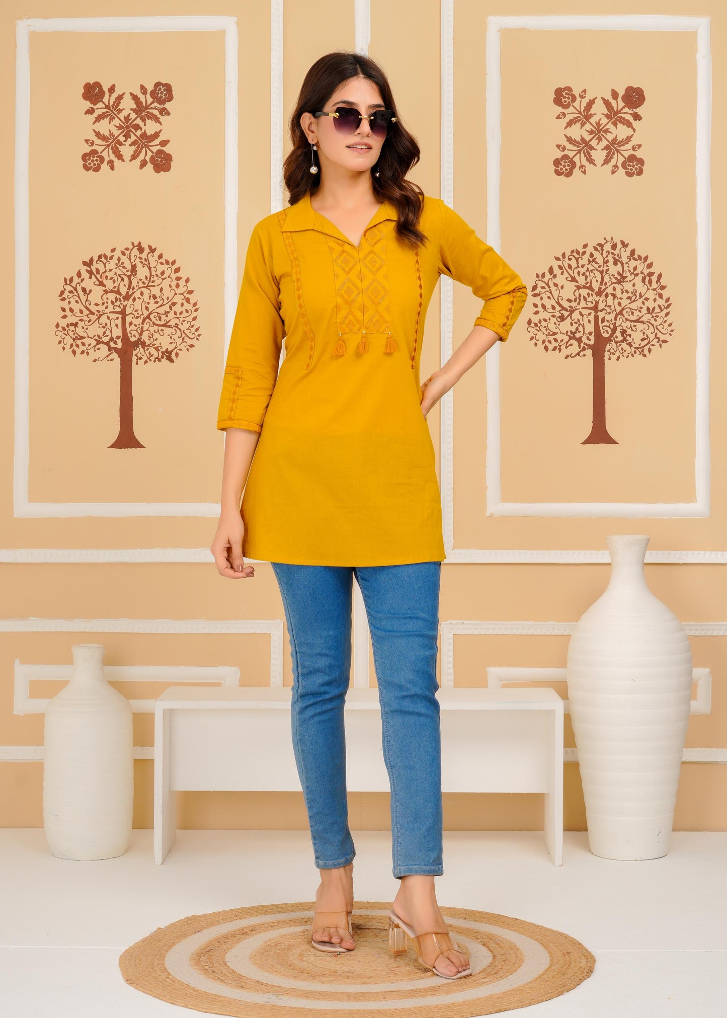 Cotton Embroidered Regular Mustard Top