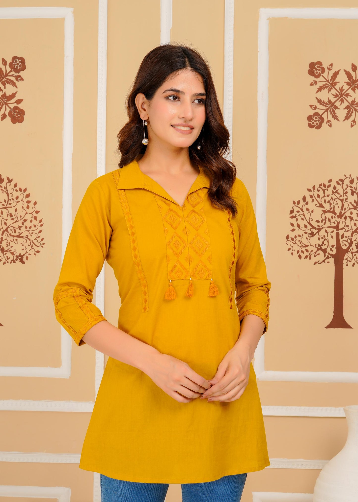 Cotton Embroidered Regular Mustard Top