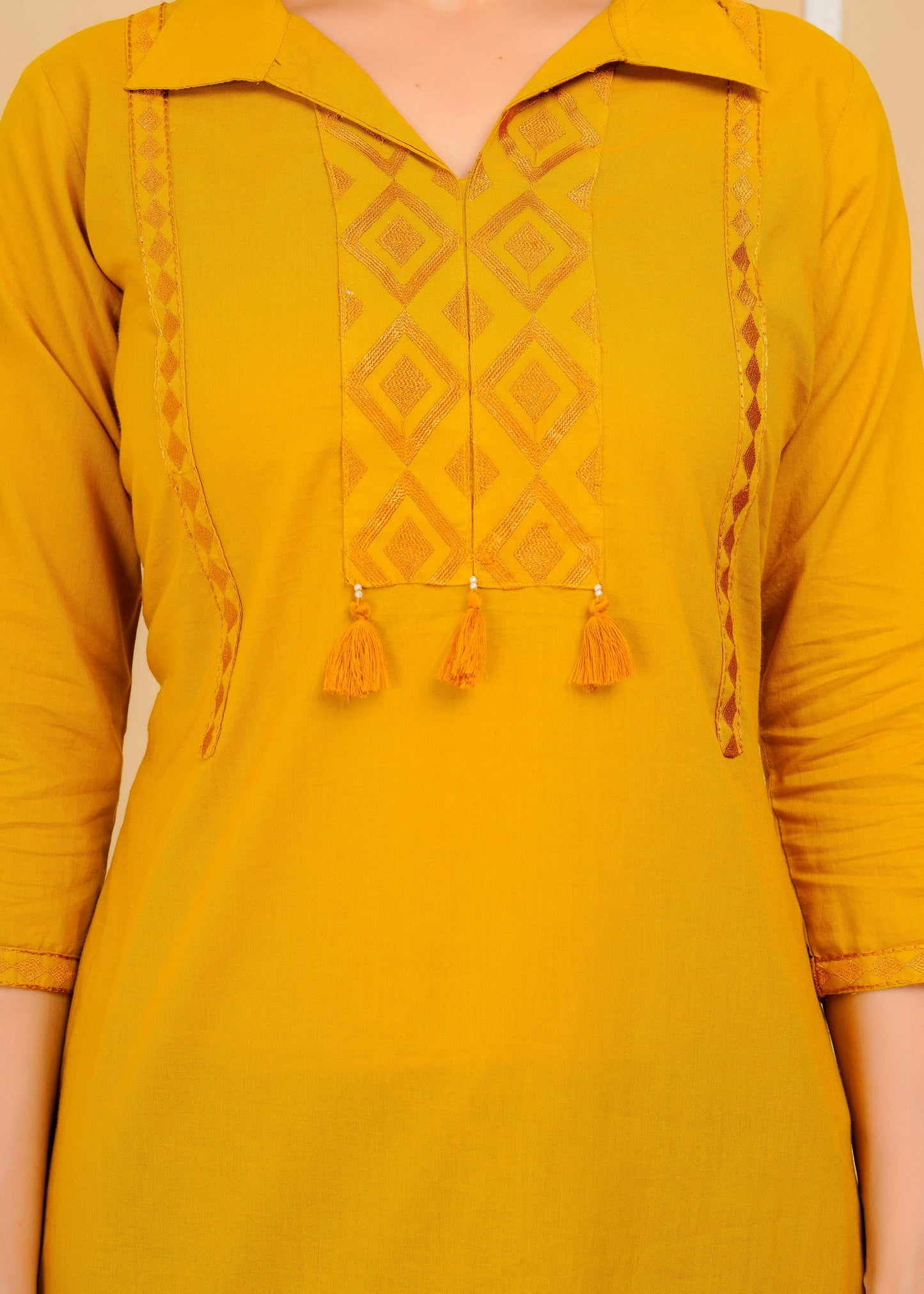 Cotton Embroidered Regular Mustard Top