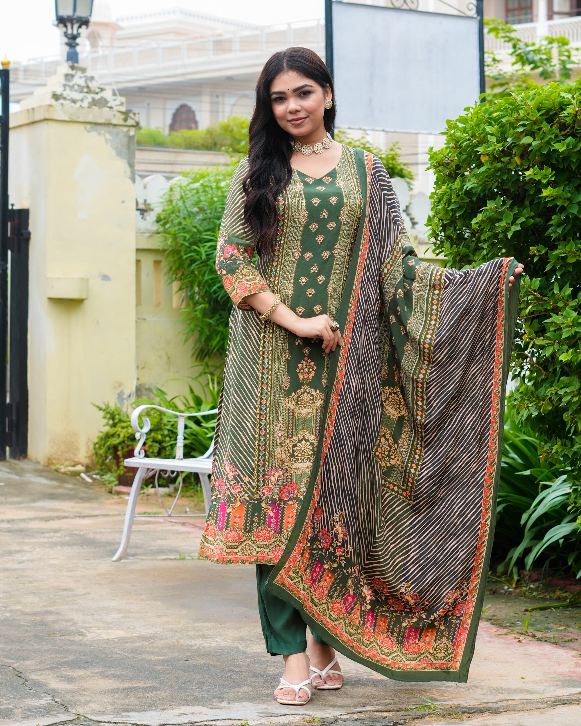 Green Natural Silk Printed Kurta with Trousers with Dupatta