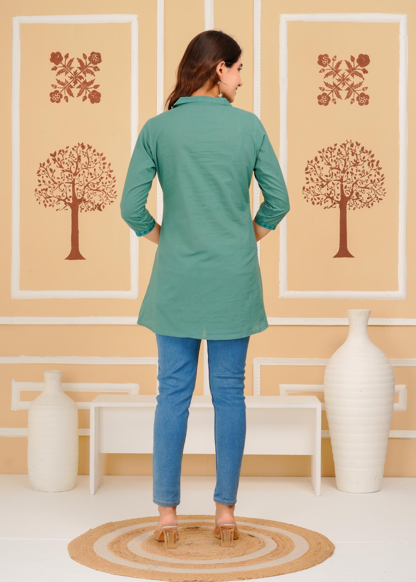 Cotton Embroidered Regular Aqua Top