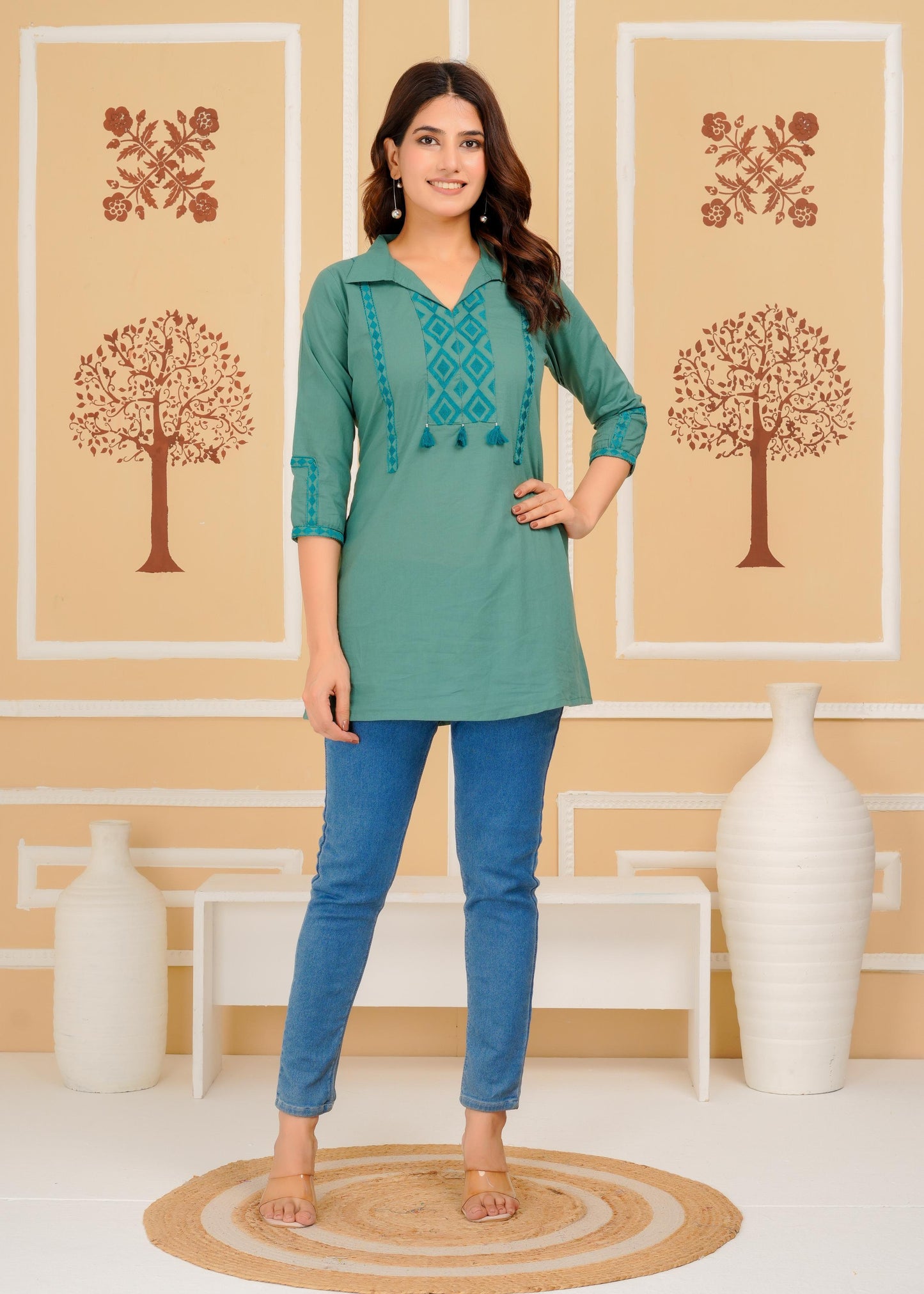 Cotton Embroidered Regular Aqua Top