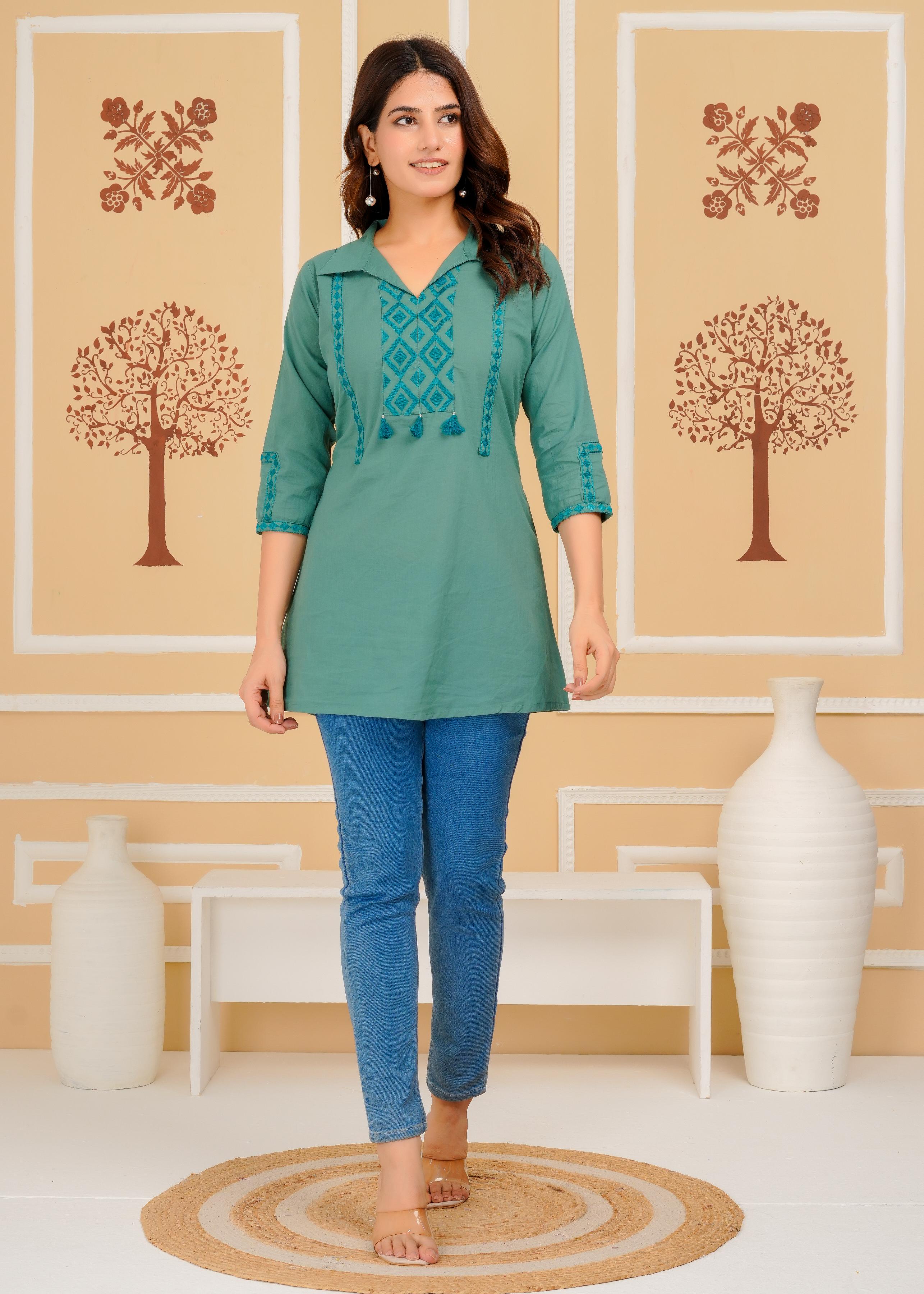 Cotton Embroidered Regular Aqua Top