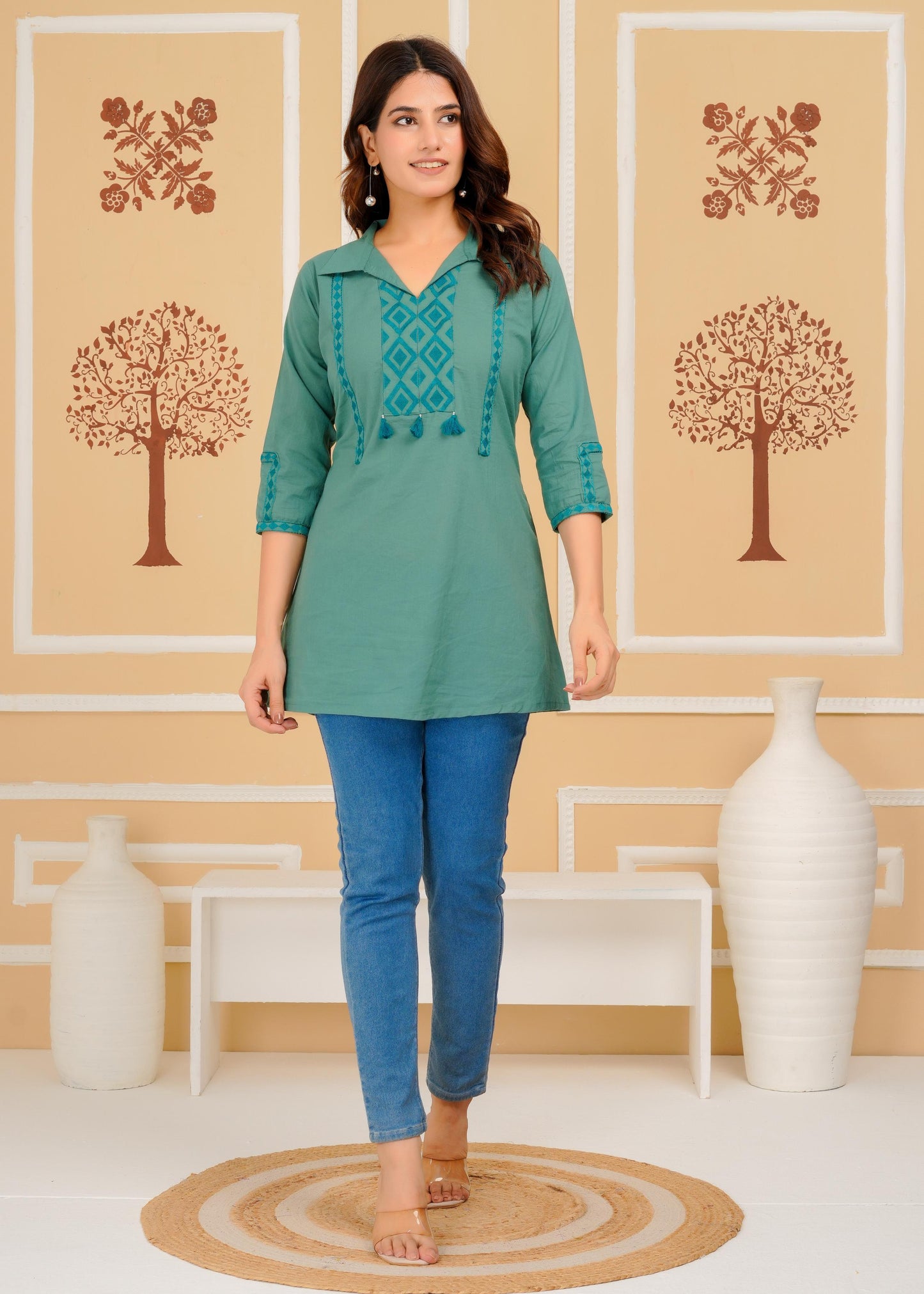 Cotton Embroidered Regular Aqua Top