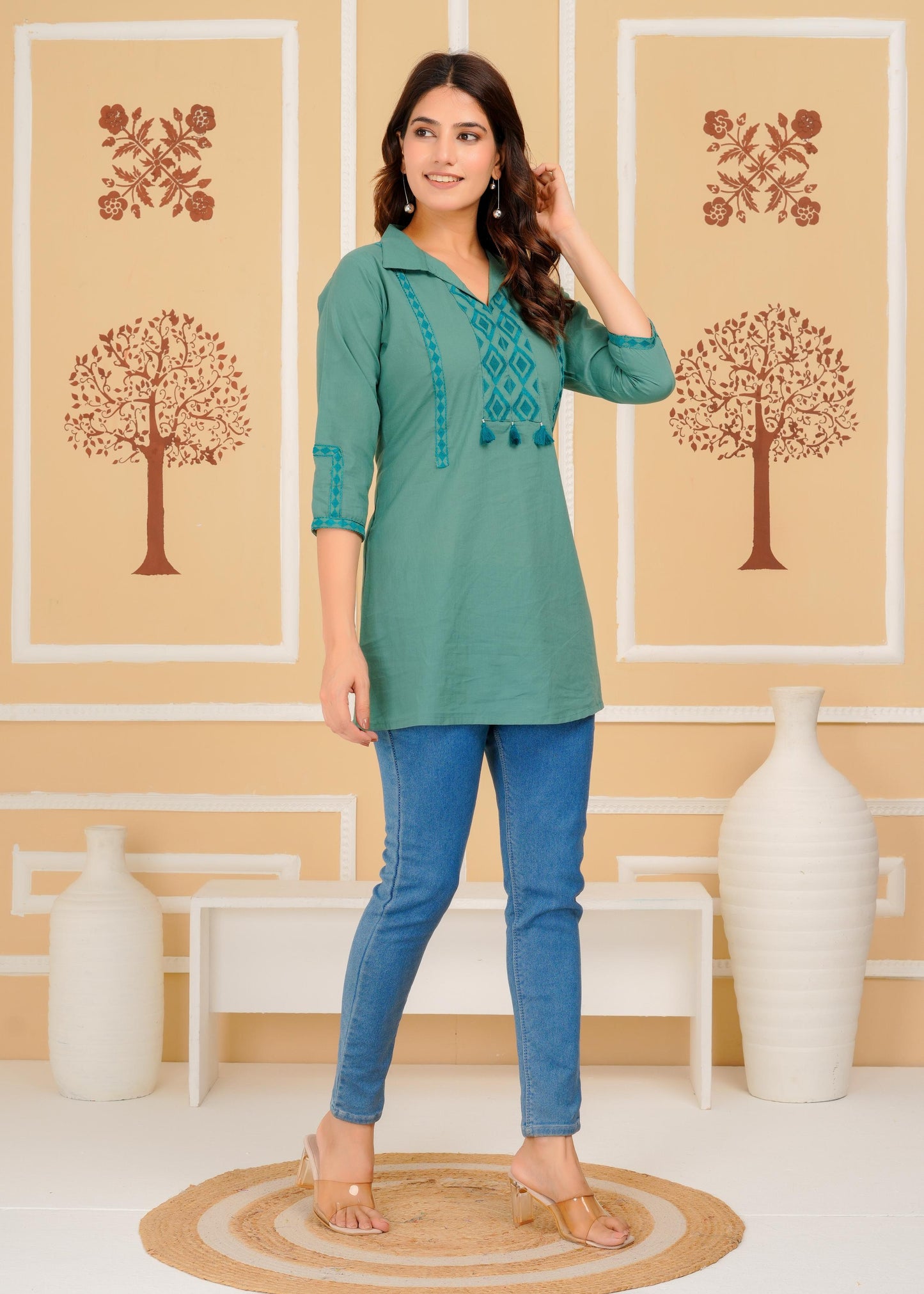 Cotton Embroidered Regular Aqua Top