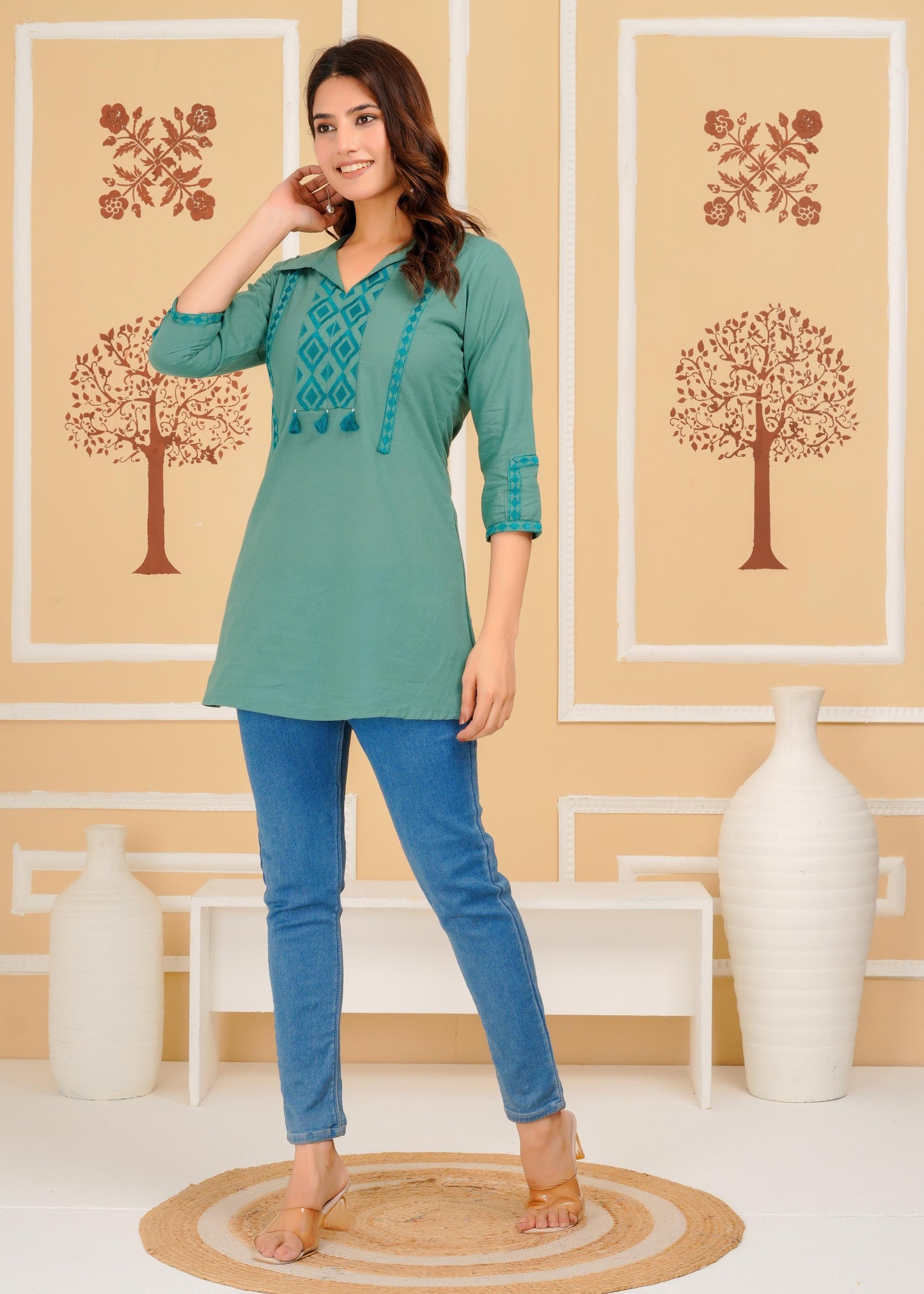 Cotton Embroidered Regular Aqua Top