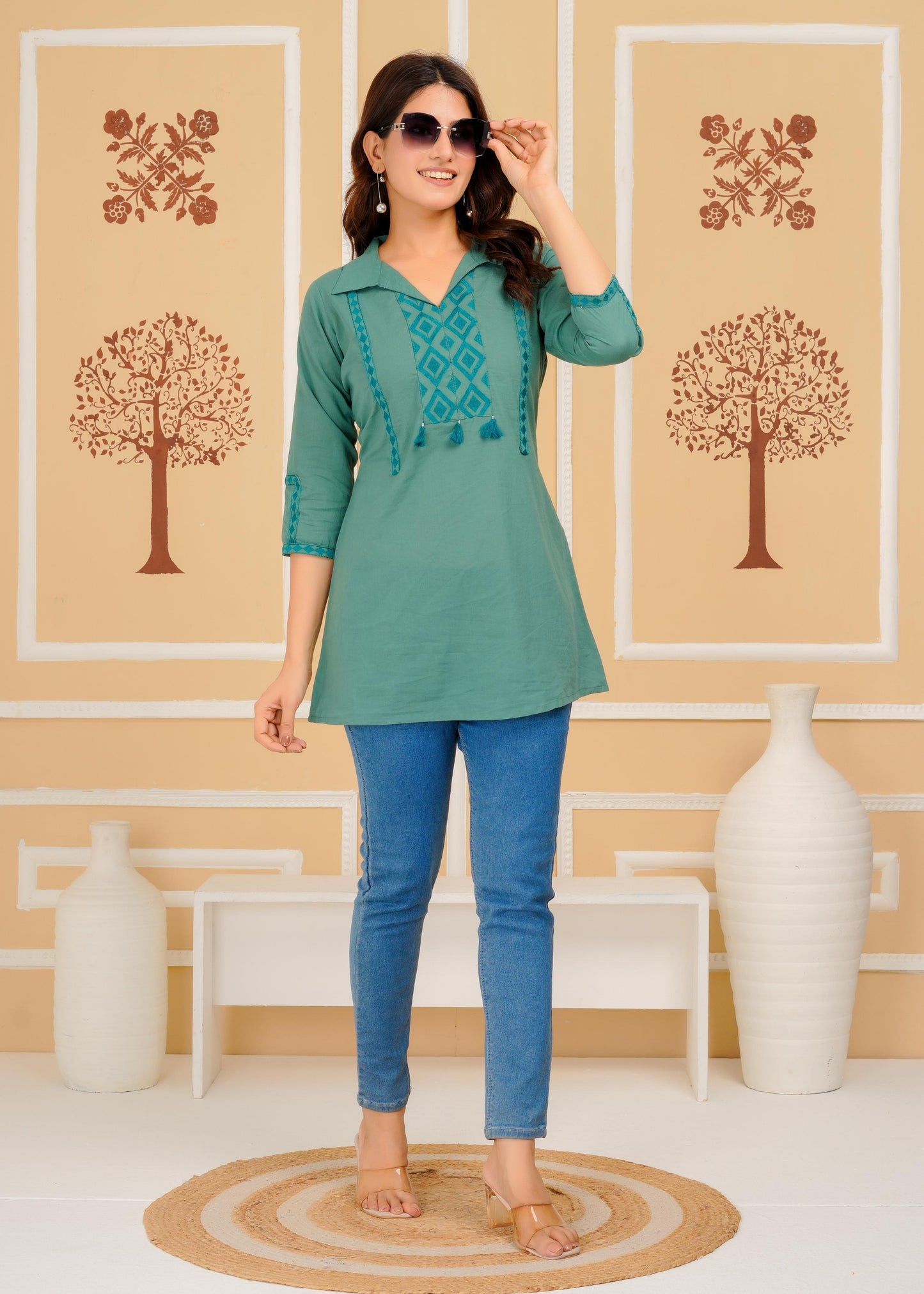 Cotton Embroidered Regular Aqua Top