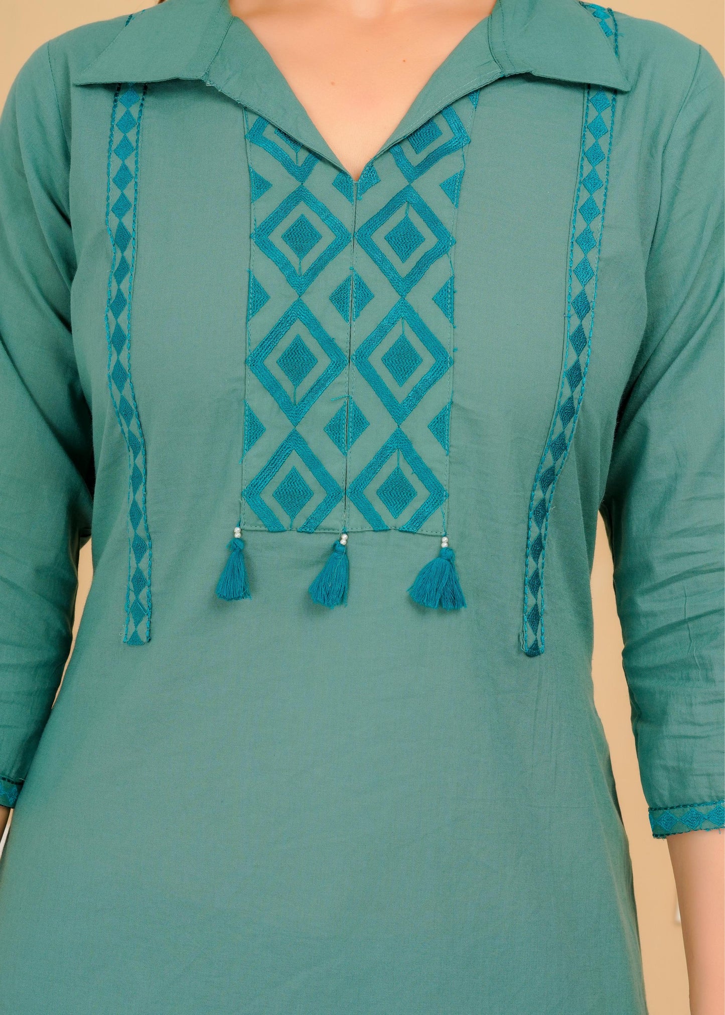 Cotton Embroidered Regular Aqua Top
