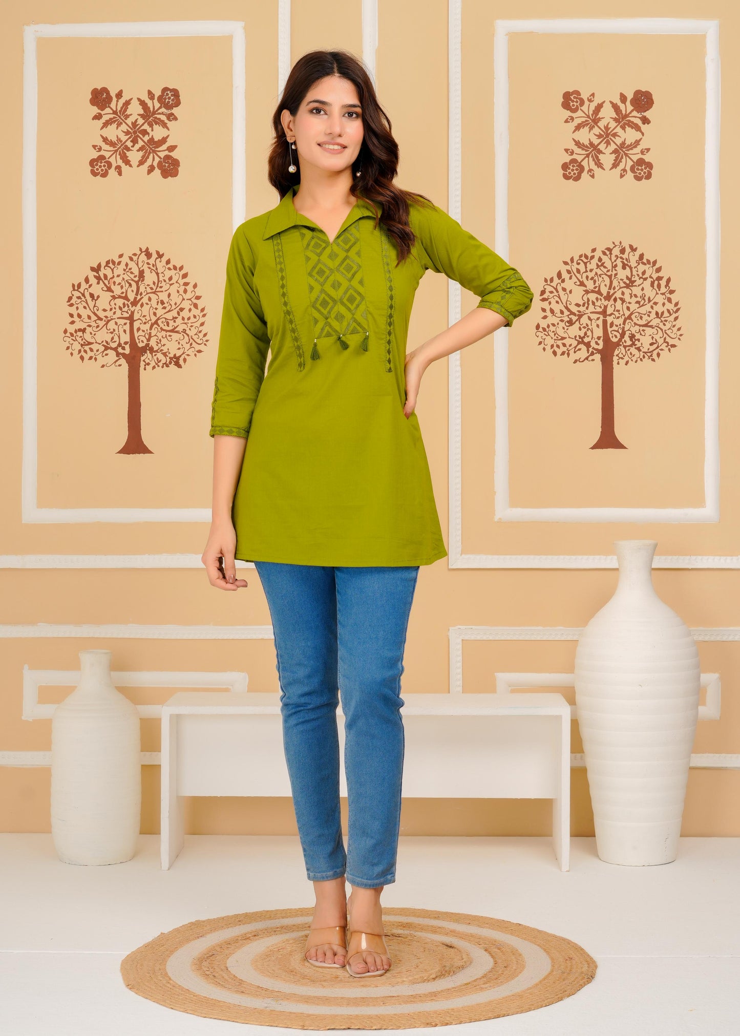 Cotton Embroidered Regular Green Top
