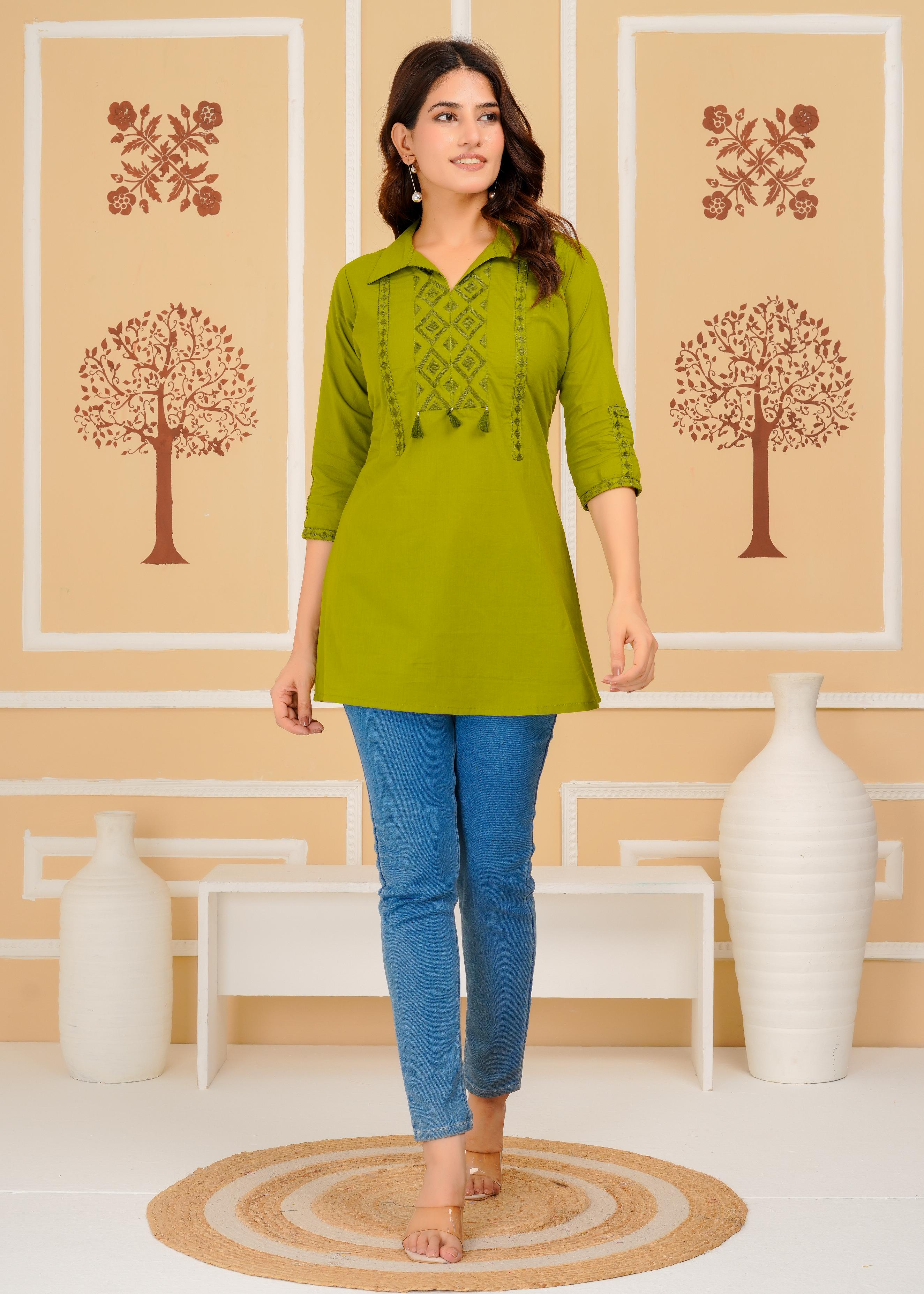 Cotton Embroidered Regular Green Top
