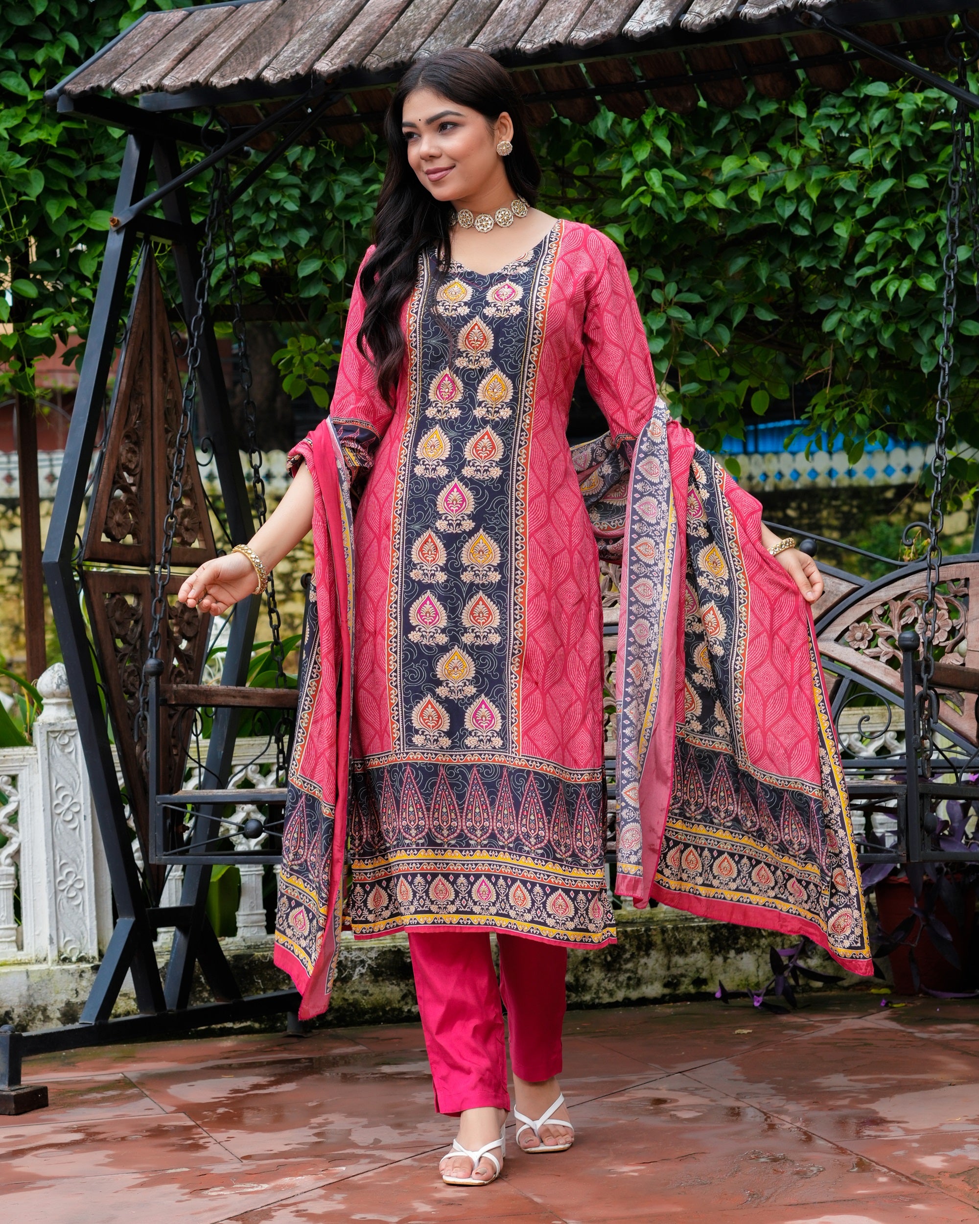 Red Natural Silk Printed Kurta with Trousers with Dupatta