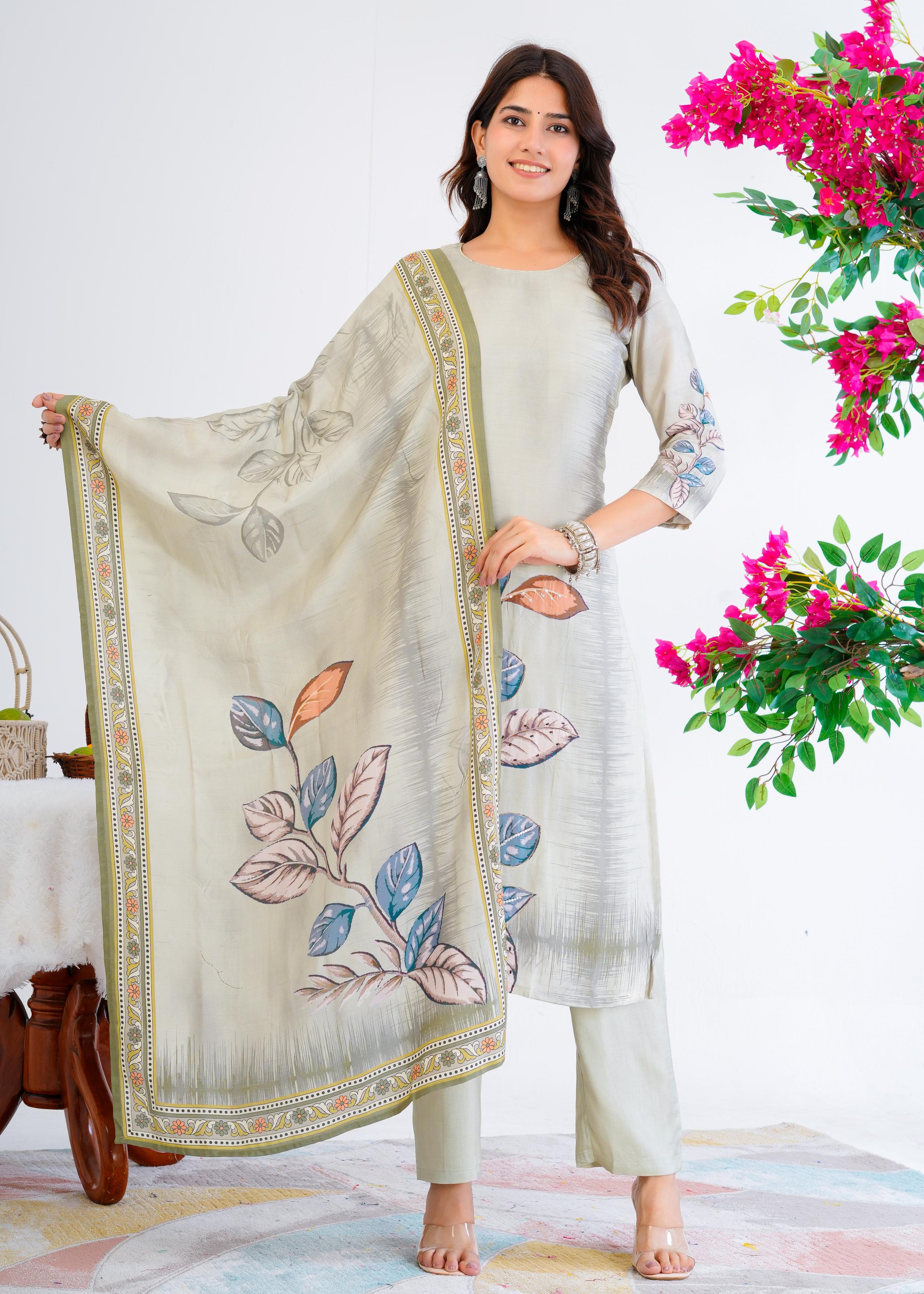 Cotton Floral Printed  Straight Kurta Set With Dupatta