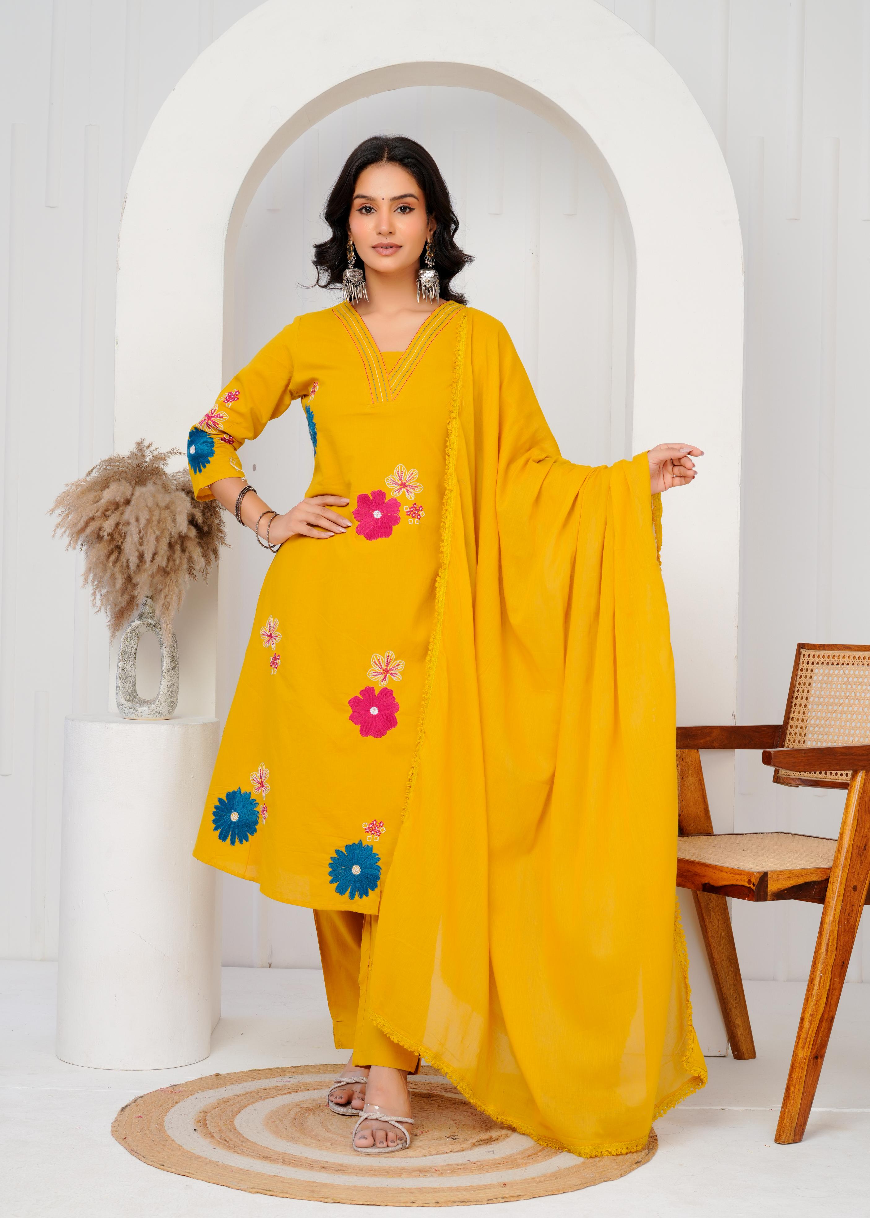 Cotton Embroidered Straight Yellow Kurta Set With Dupatta