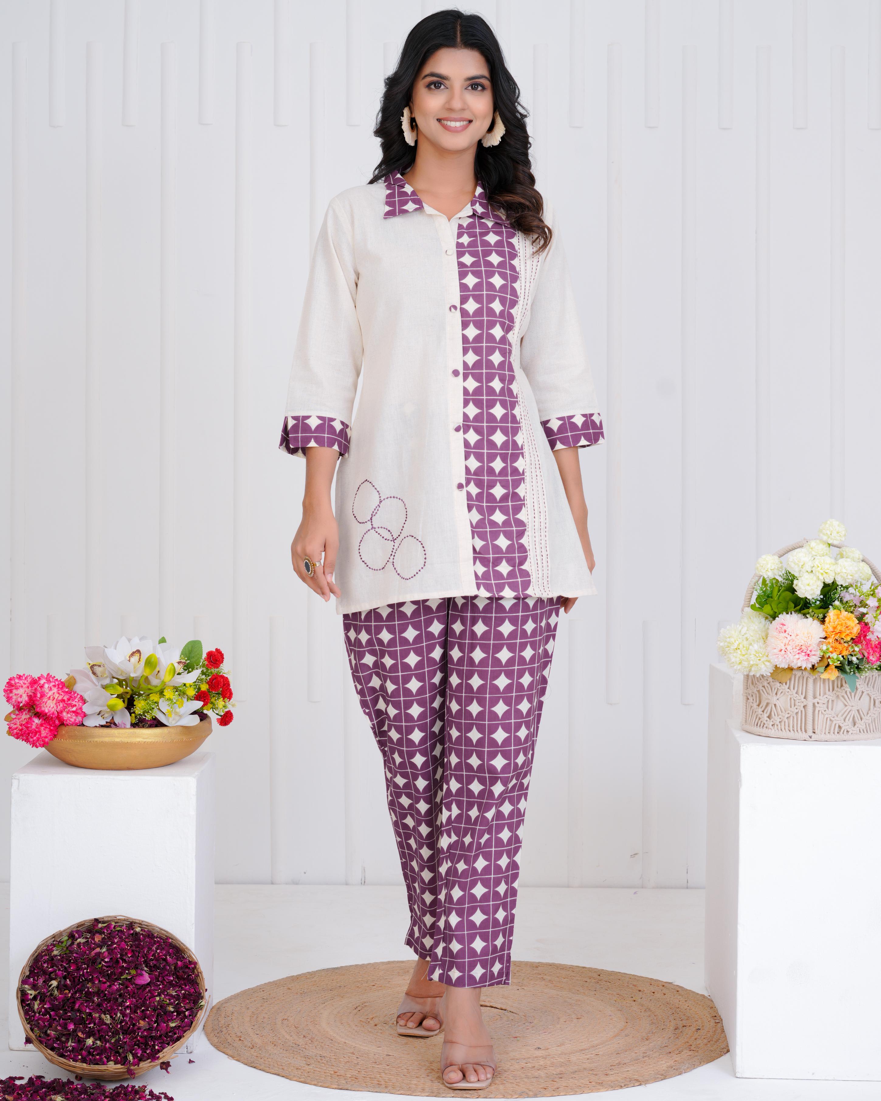 Women's , Maroon Cotton Printed  Co-Ord Set, Night Suit Set